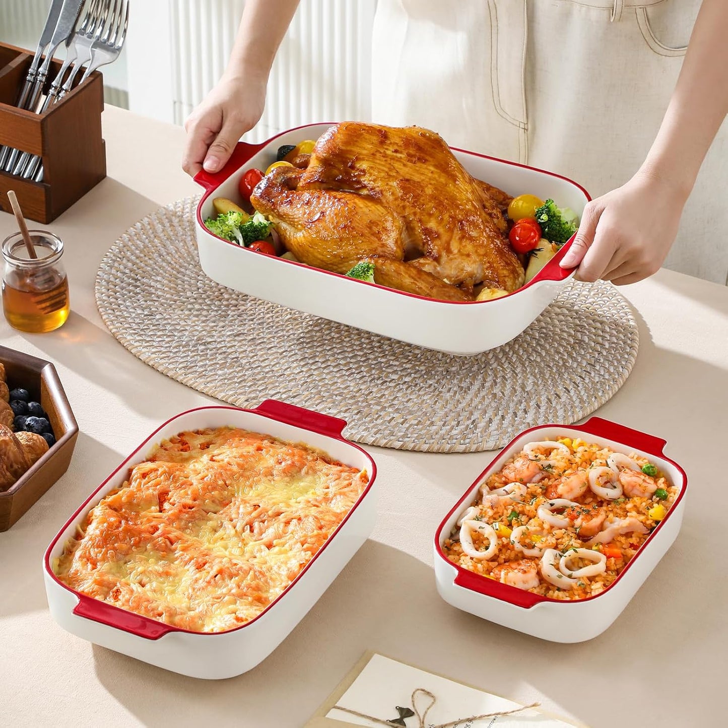 MALACASA Casserole Dishes for Oven, Ceramic Baking Dishes Set of 3, Rectangular Lasagna Pan Deep Baking Pans, Bakeware Sets with Handles Gift Set, White with Red Trim (13.8''/11.7''/9.4''), Series BAKE