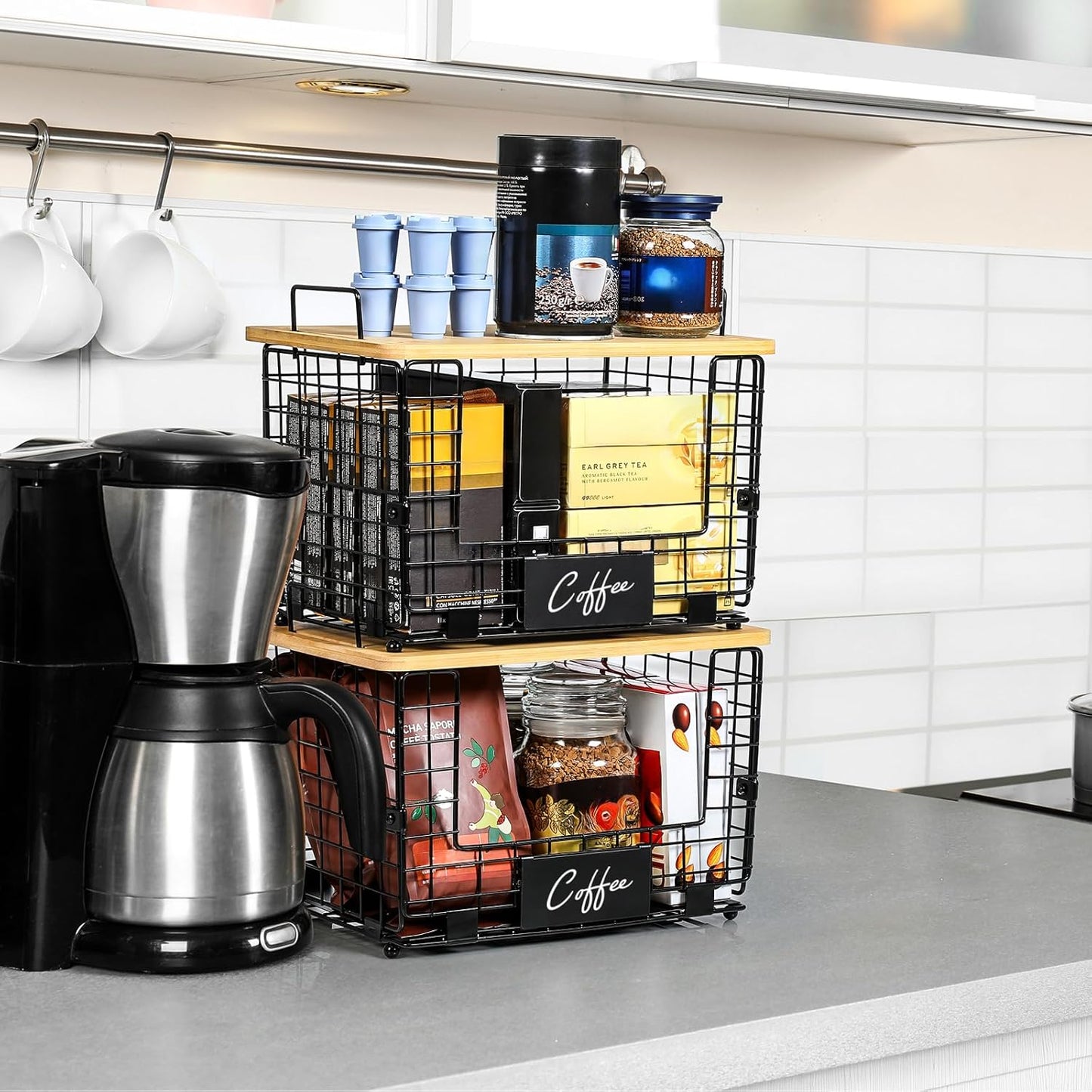 2 Set XL Stackable Wire Basket with Bamboo Tops & Tags- Pantry Organizer and Storage Bins, Kitchen Counter Cabinet Shelf Countertop Under Sink Organizing, Food Snack Produce Onion Potato Bread Storage