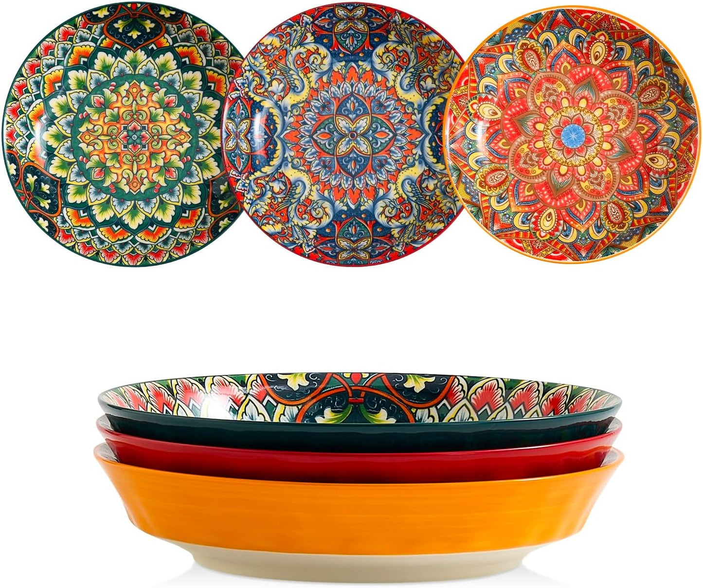 Ceramic Pasta Bowls Set - 8 inch 32 oz Serving Bowls, Set of 6, Colorful Dinner Bowls for Soup,Salad, and Pasta, Kitchen, Microwave, Dishwasher Safe, mexican, Bohemian Style