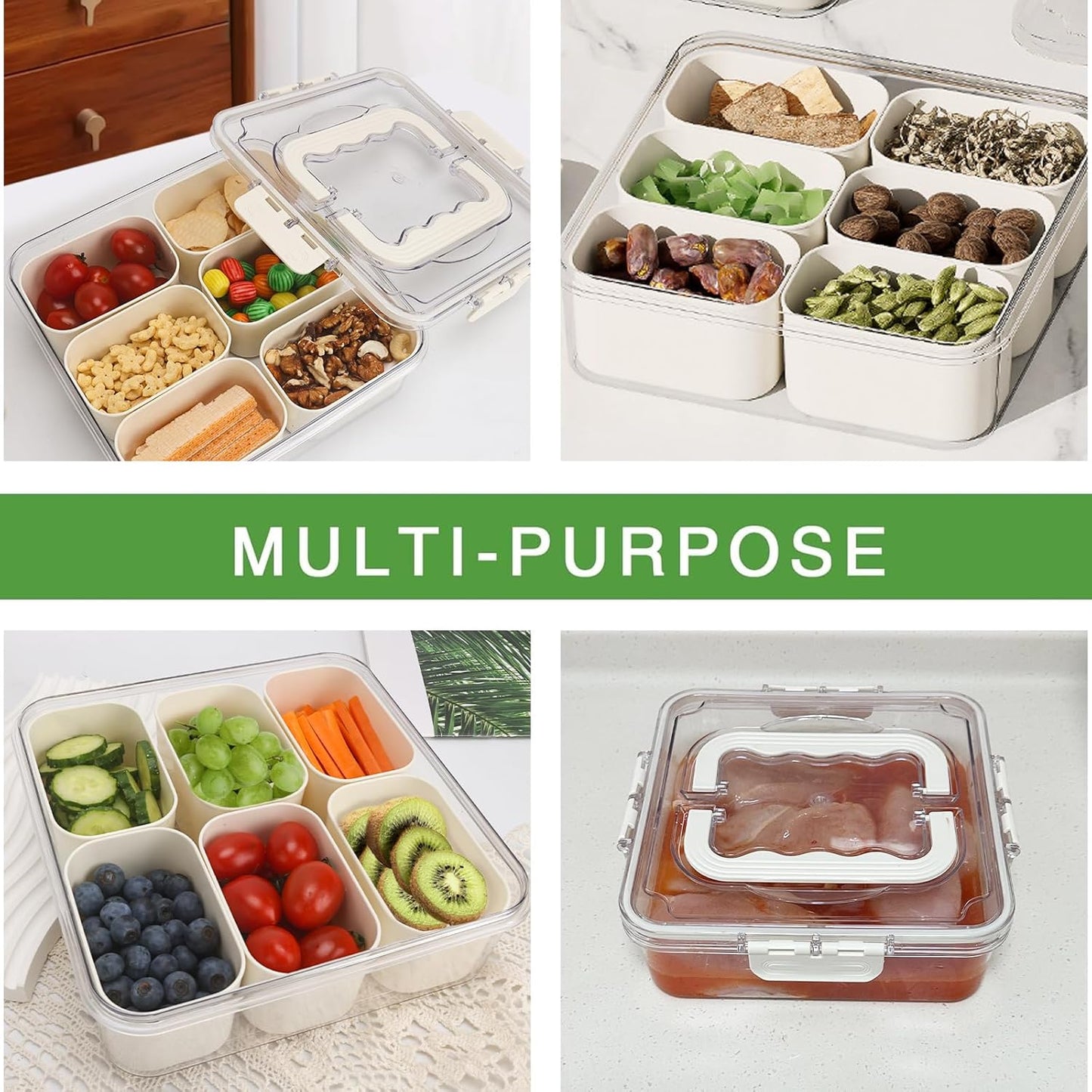 Divided Serving Tray with Lid and Handle, Portable Snack Box Container, 6 Compartments Veggie Fruit Snackle Tray,Charcuterie Platter Box Container for Party, Travel, Entertaining,Picnic, SMALL SIZE