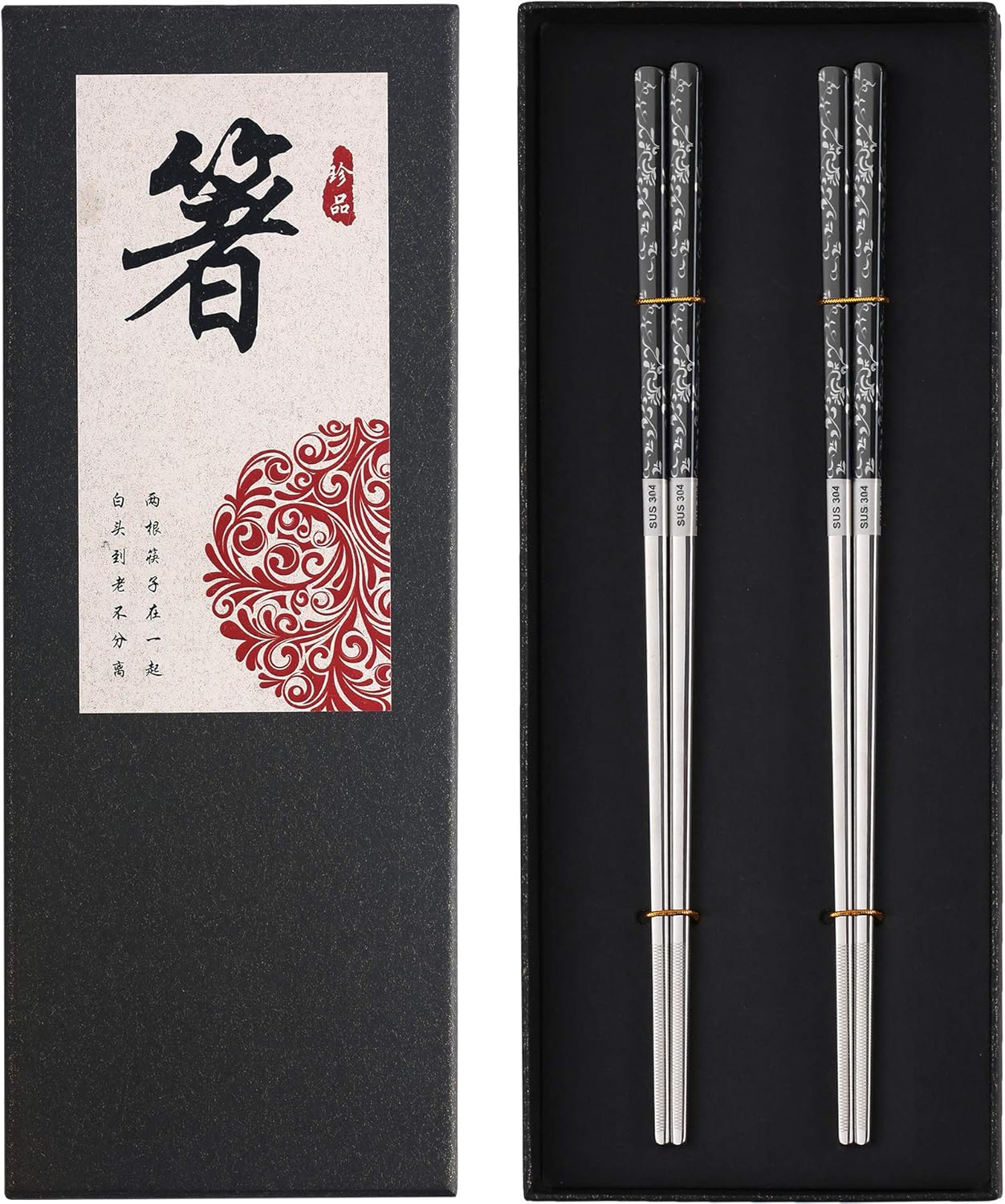 Stainless Steel Chopsticks Titanium Plated Metal Chopsticks Reusable Dishwasher safe Premium Japanese Korean Chopstick Laser Engraved Anti-slip Chop Sticks for Eating 2 Pairs Gift Set Black Silver