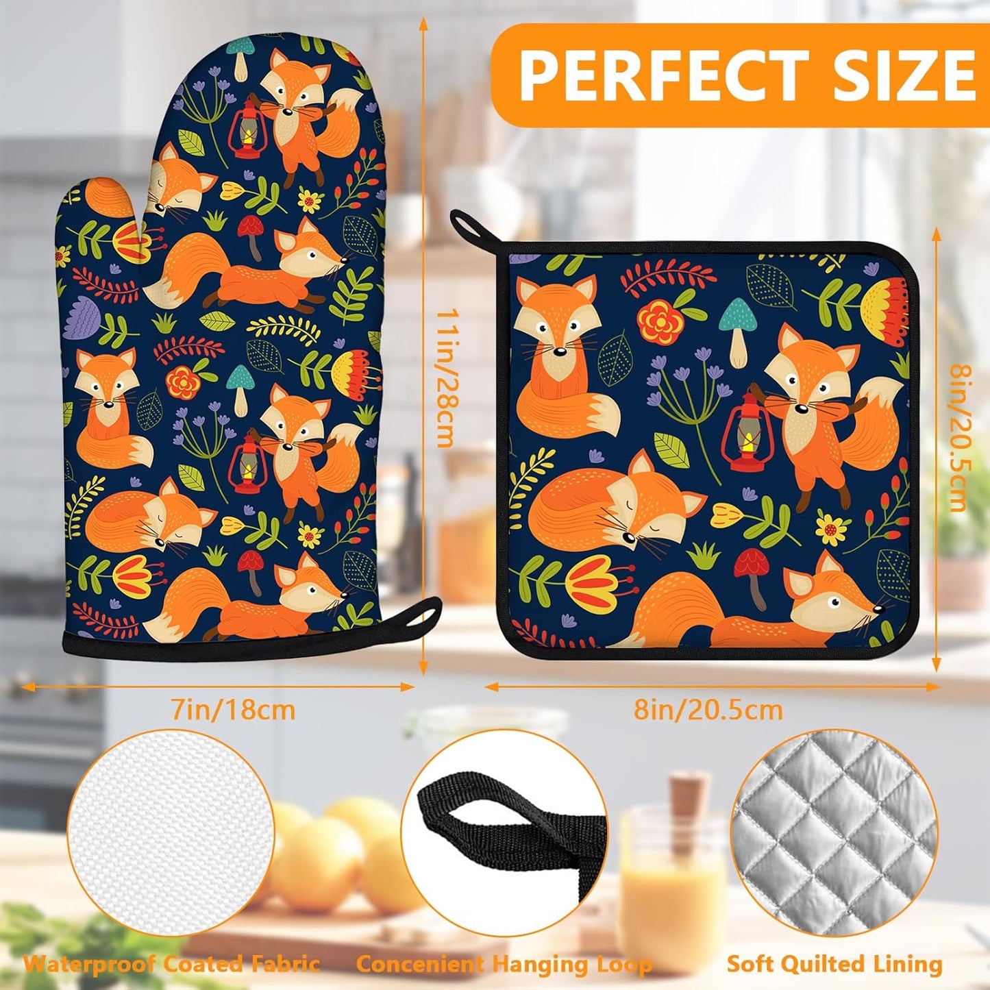 Cute Fox Oven Mitts and Pot Holders Sets 4Pcs,Extra Long Oven Gloves Potholder for Kitchen Cooking Baking BBQ 100% Cotton Heat Resistant