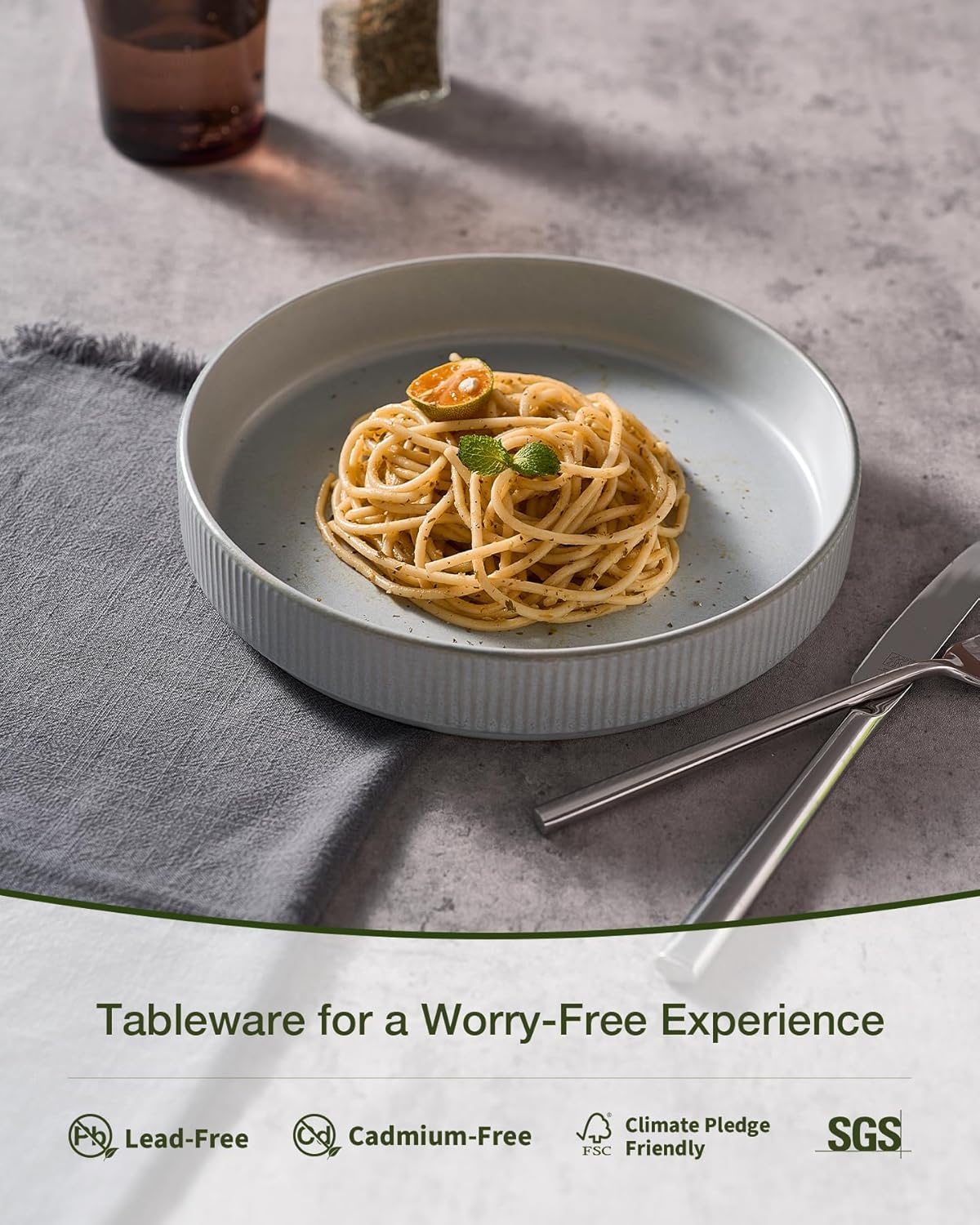 famiware Star 8.25" Pasta Bowls, Large Dinner Bowls Set of 6, Salad Bowl Plates, Shallow Bowls for Eating, Light Gray