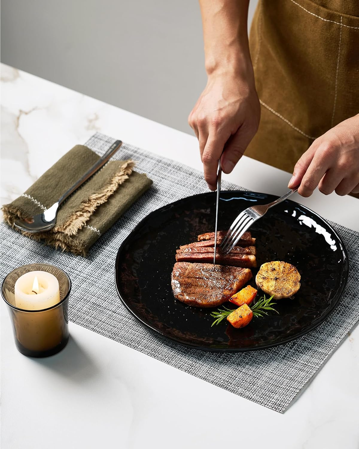 Famiware Porcelain kitchen plates and bowls set, Modern dishes set for 6, Handmade Wave Edge Dinnerware Sets, Microwave and Dishwasher Safe Tableware, Glossy-black (24pc)