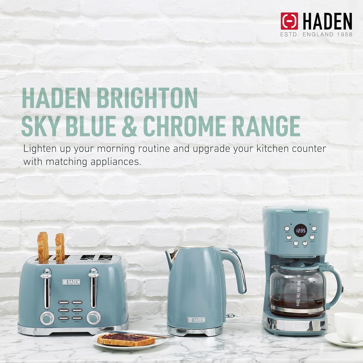 Haden Brighton Electric Kettle, Cordless 1.7 Liter Hot Water Boiler with Chrome Accents, Retro Style, and Auto Shut Off, Sky Blue