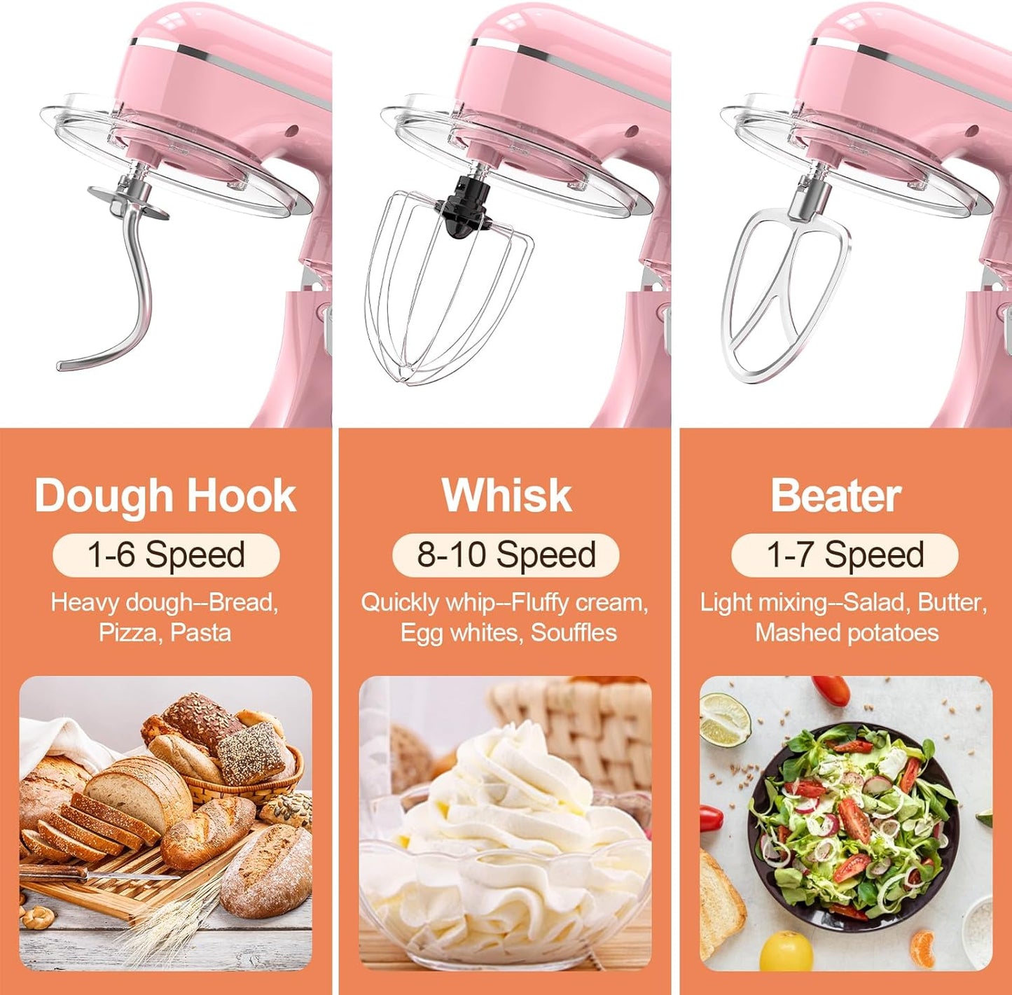 3-IN-1 Electric Stand Mixer, 6.5QT Bowl 660W 10-Speed Kitchen Mixer, Household Food Mixers include Dough Hook, Beater and Whisk, Bread Cake Mixer for Baking and Most Home Cooks, Pink