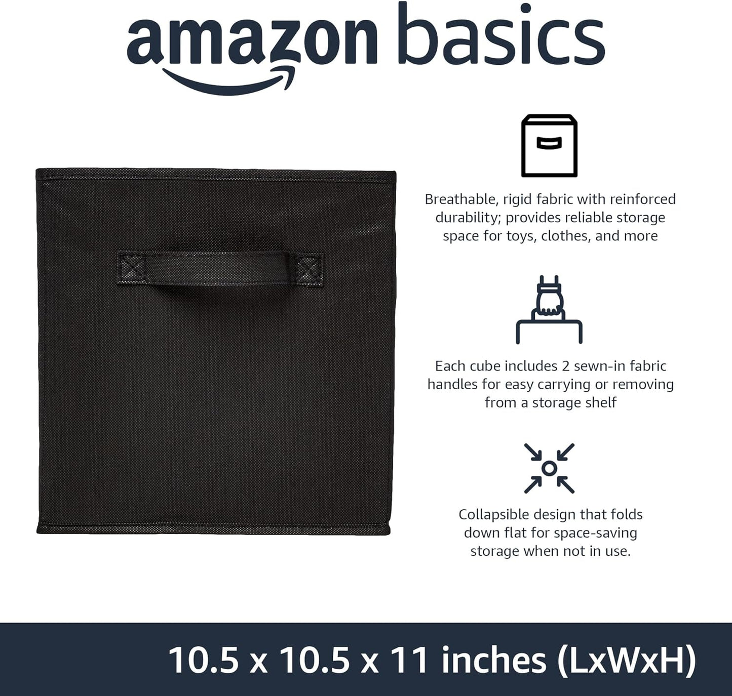 Amazon Basics Collapsible Fabric Storage Cubes Organizer with Handles, Sturdy, Black, 10.5-x-10.5-x-11-inch, Pack of 6