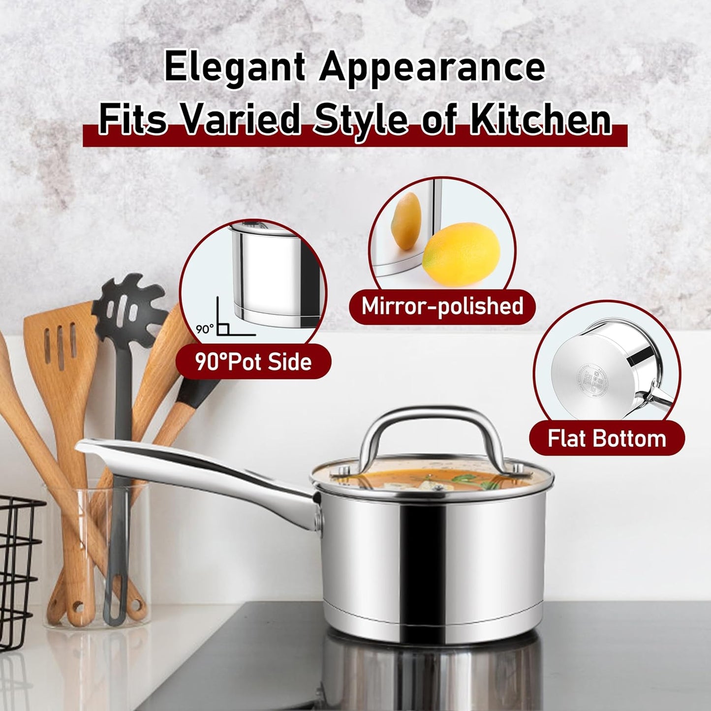 P&P CHEF 1 Quart & 2 Qruat Saucepan with Lid Set, Stainless Steel Small Cooking Pot Induction Sauce Pan for Pasta Soup, Ergonomic Handle & Tri-ply Base, Dishwasher Safe, 2 Pan