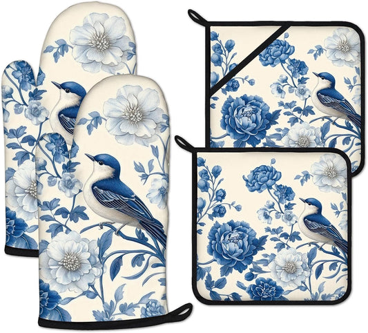 Blue Bird Blooming Flower Oven Mitts and Pot Holders Sets Heat Resistant 4Pcs Potholders Oven Gloves Hot Pads for Kitchen Baking Cooking Grilling BBQ