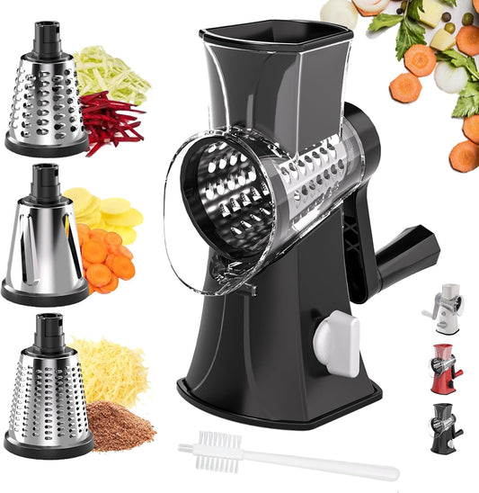3-in-1 Rotary Cheese Grater Vegetable Slicer, 3 Interchangeable Blades Food Shredder with Anti-Slip Reinforced Suction Base, Kitchen Mandoline Chopper (Black)