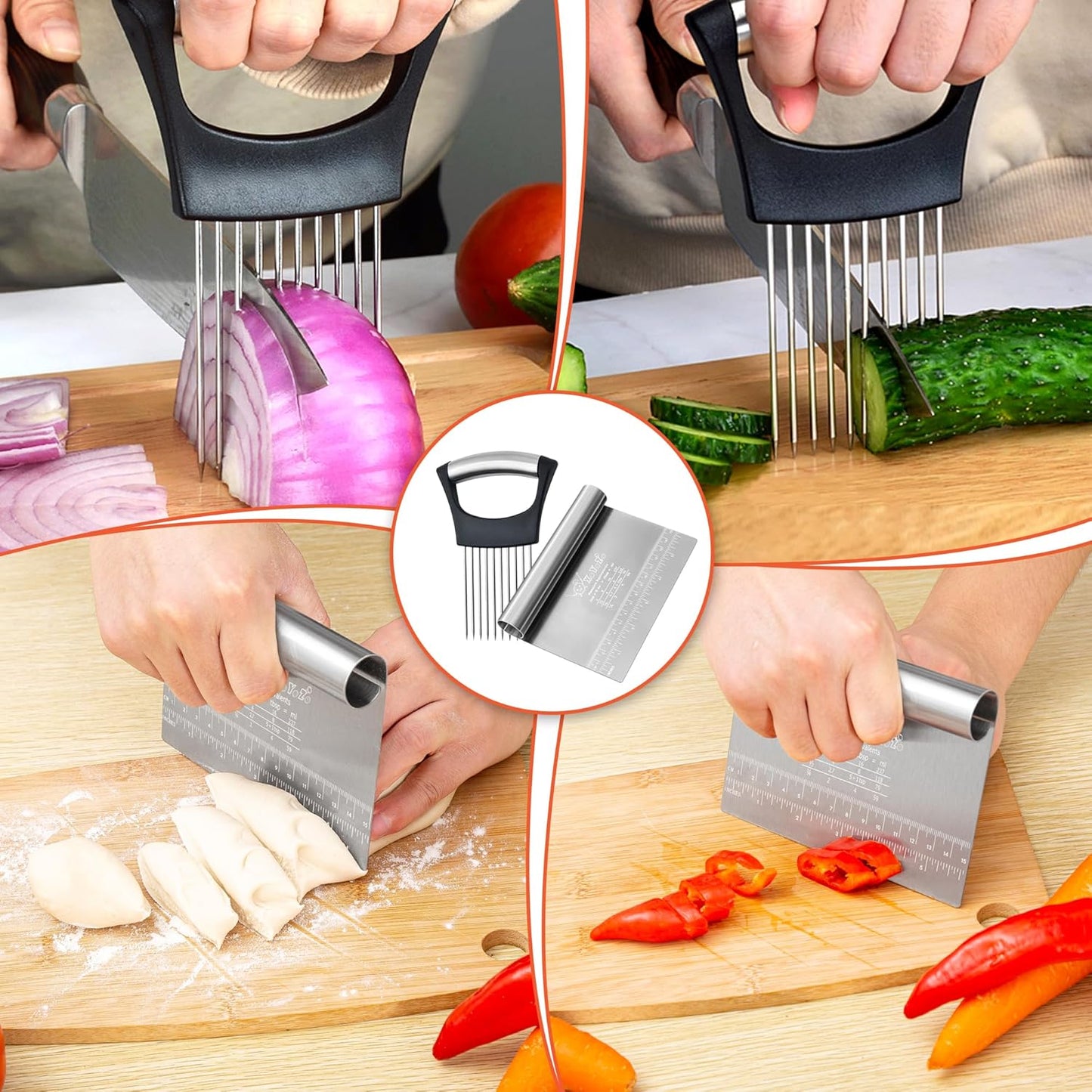 Bench Scraper Dough Chopper Onion Holder for Slicing Slicer Onion Cutter with Protective Cover and Anti-Slip Handle Stainless Steel Chopper for Potato, Tomato, Avocados, Eggs, Vegetable, Onions