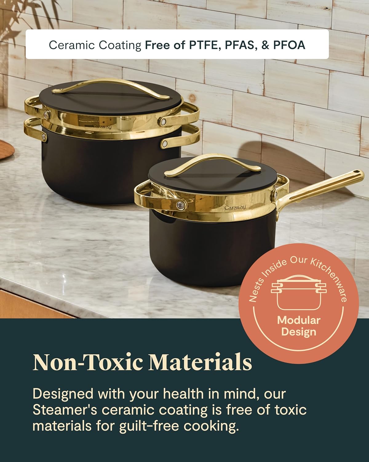 Caraway Steamer - Stainless Steel Steamer with Handles - Non Stick, Non Toxic Coating - Steam Veggies, Seafood, and More - Compatible With Our Dutch Oven or Sauce Pan - Small, 3qt - Gold