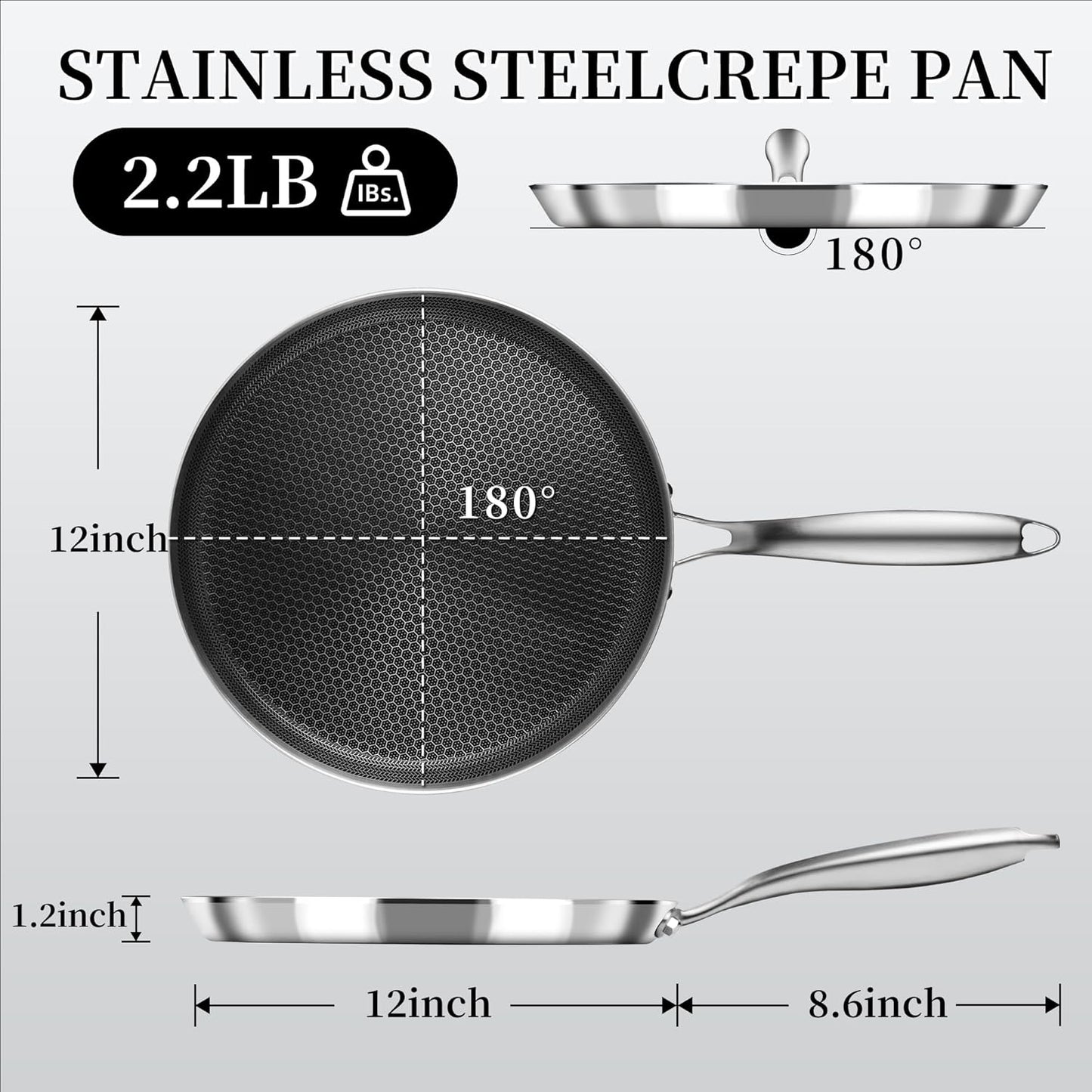Nonstick Crepe Pan 12 inch Stainless Steel Crepe Pan Honeycomb Coating Flat Skillet Tawa Dosa Tortilla Pan,Omelet Pan with All Stove Tops Available, Induction Compatible