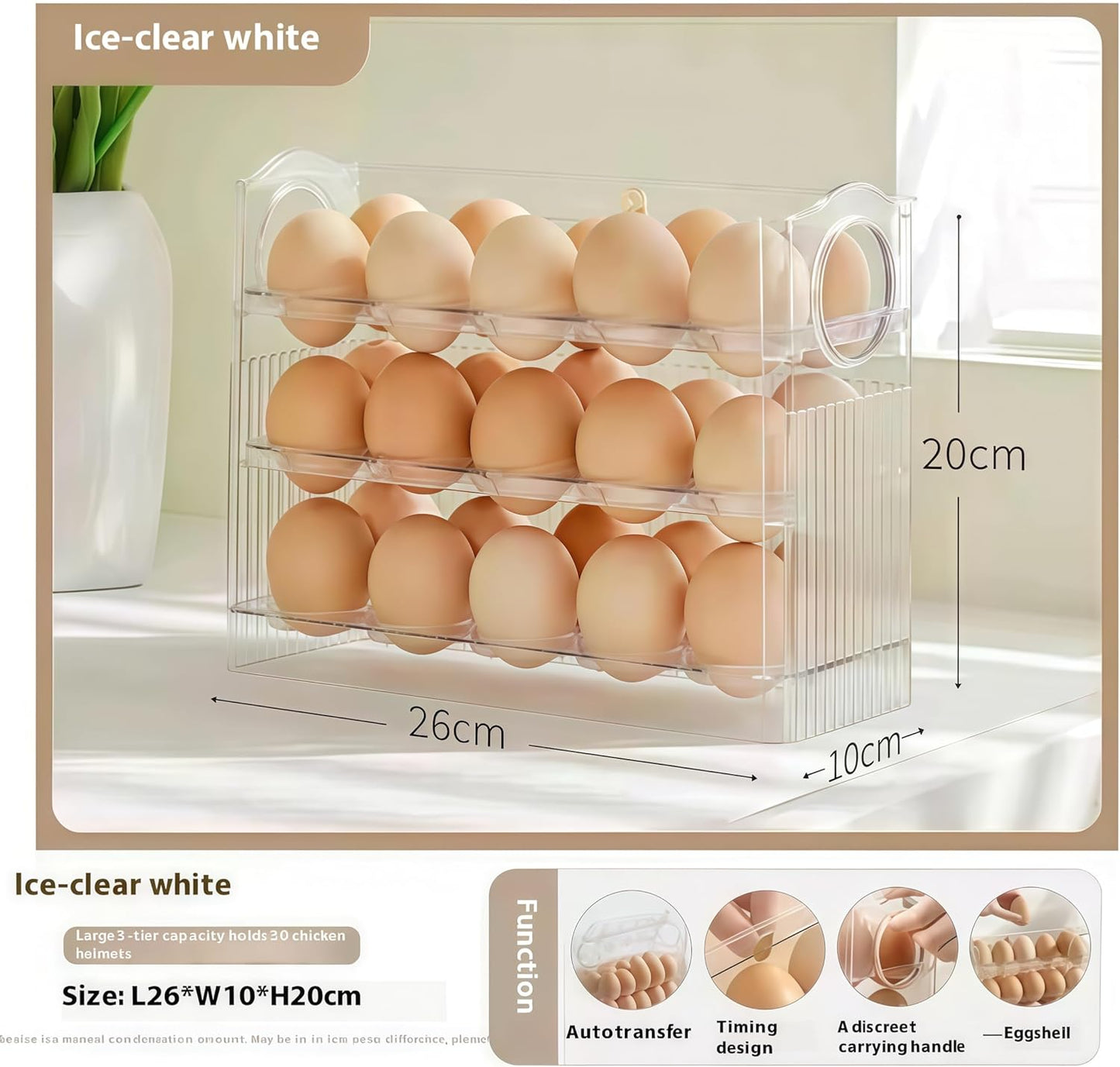 Auto-Flip egg storage for refrigerator，side fridge storage rack egg tray for refrigerator，Eggs Holder Countertop with Timers, Space-Saving Eggs Dispenser for Refrigerator, 30 Eggs Container for