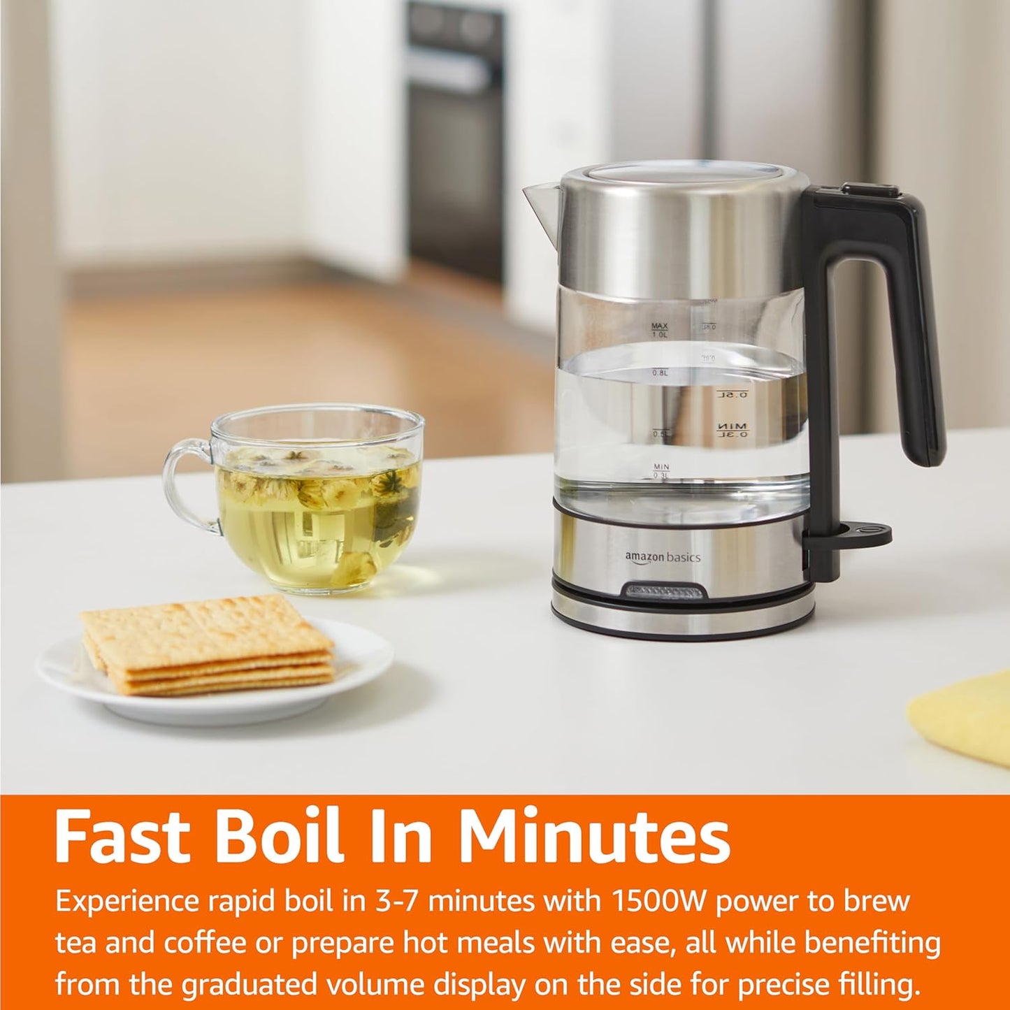 Amazon Basics Electric Kettle with Glass Carafe for Tea and Coffee, BPA-Free, Fast Boiling, Auto Shut-Off, 1.1 Quarts, 1500W, Glass and Steel