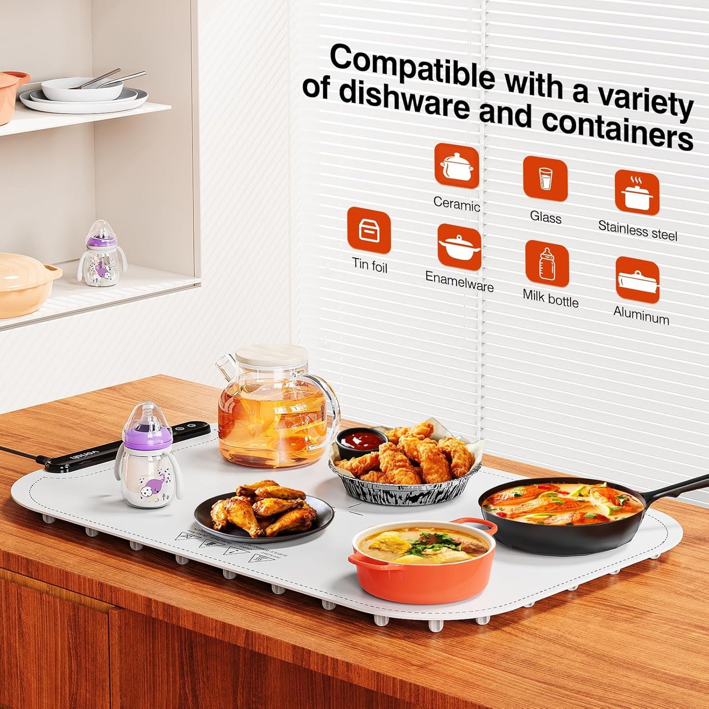 Warming Mat for Food, Voriah Electric Warming Tray with 99H Timer & 8 Temperature Settings, Foldable Food Warmer with °C/°F Switch, Keeps Food Warm at Buffets, Sabbath, Family Gatherings(White)