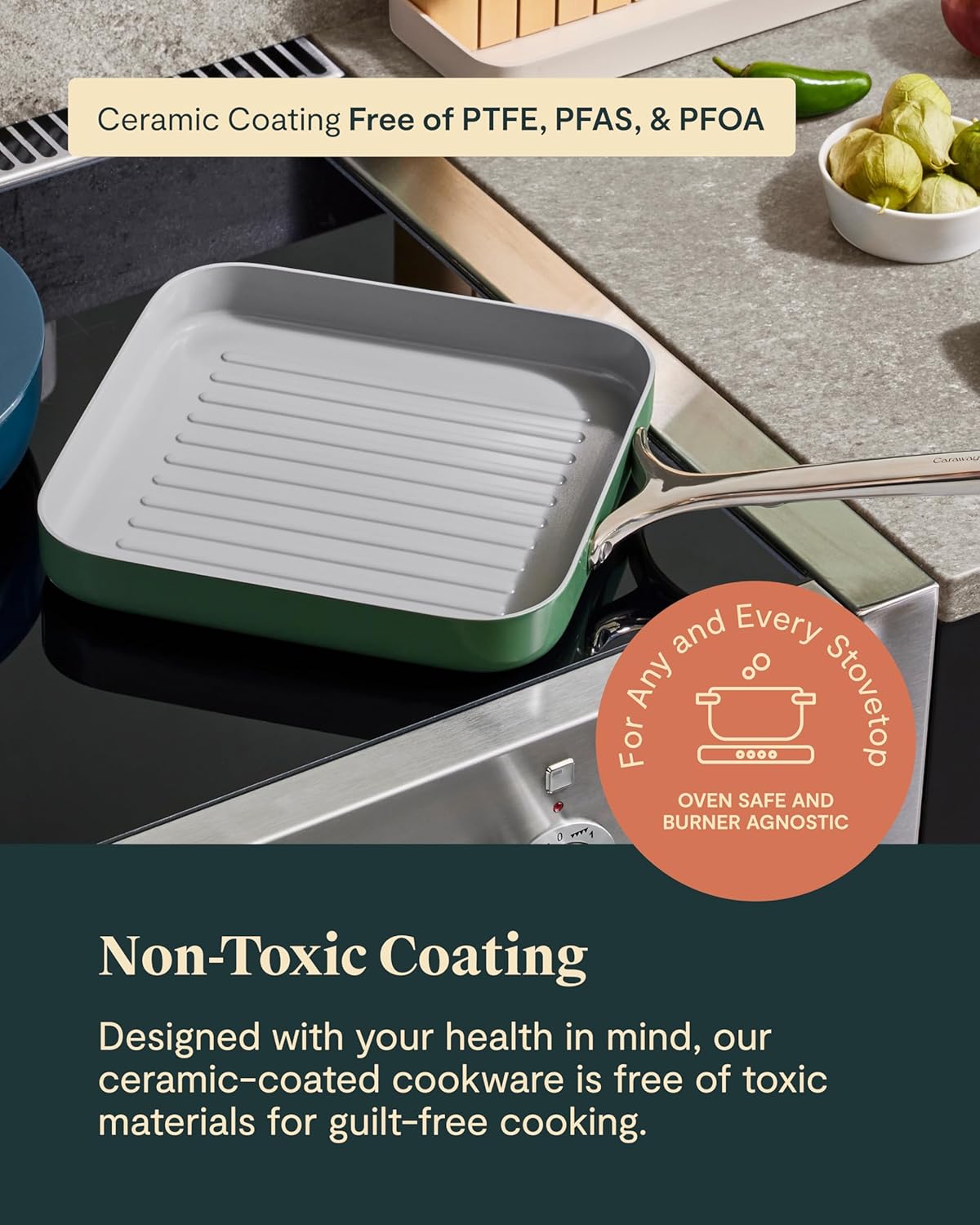 Caraway Square Grill Pan - 11” Grill Pan - Non-Stick Ceramic Coated - Non Toxic, PTFE & PFOA Free - Oven Safe & Compatible with All Stovetops - White