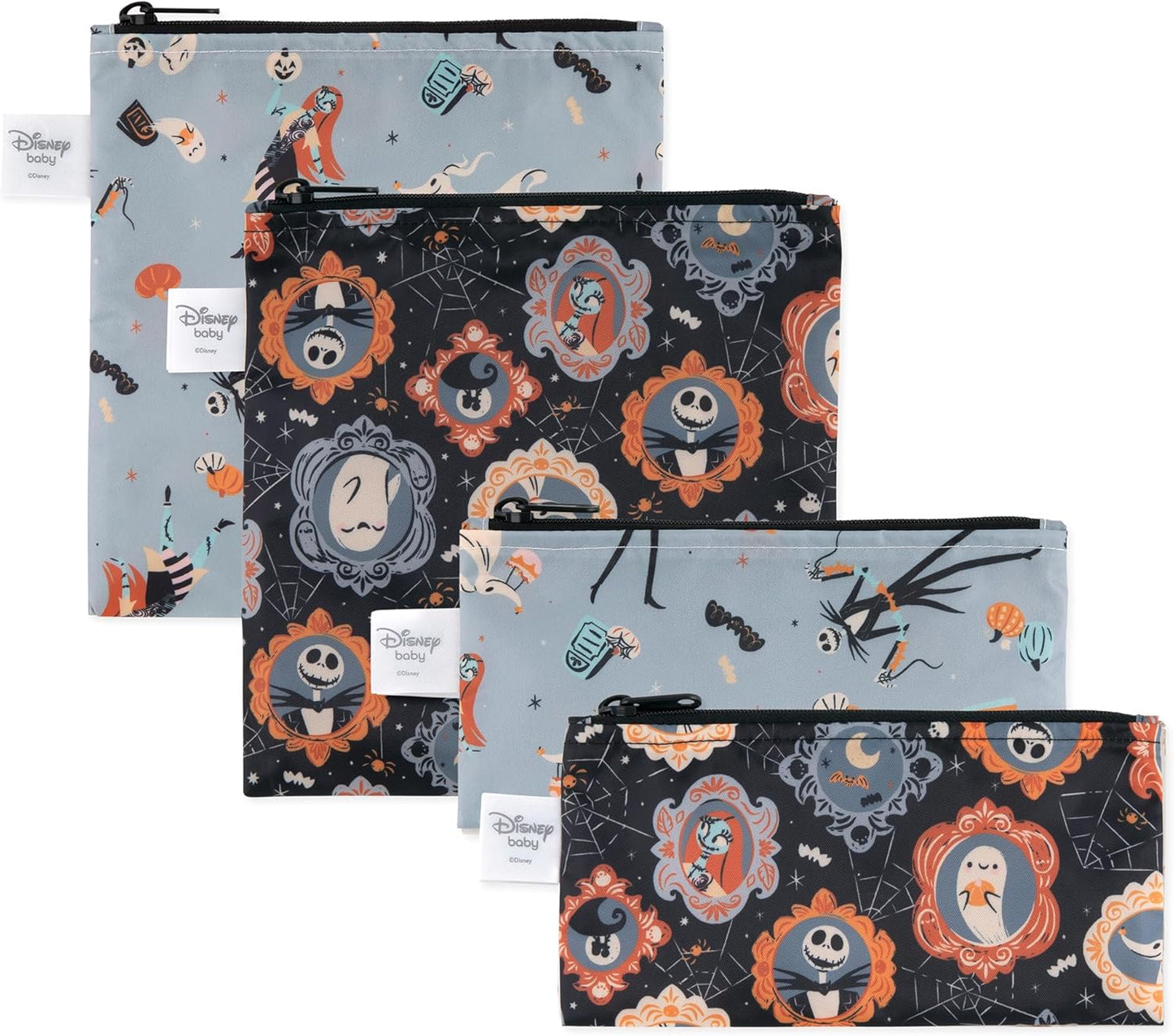 Bumkins - Cloth Snack & Sandwich Bags - For Storage, Travel, Food Prep, Lunch - Reusable, Water Resistant, Dishwasher Safe - Snack Bags for Kids - Zipper Closure - Nightmare Before Christmas - 4 Pack