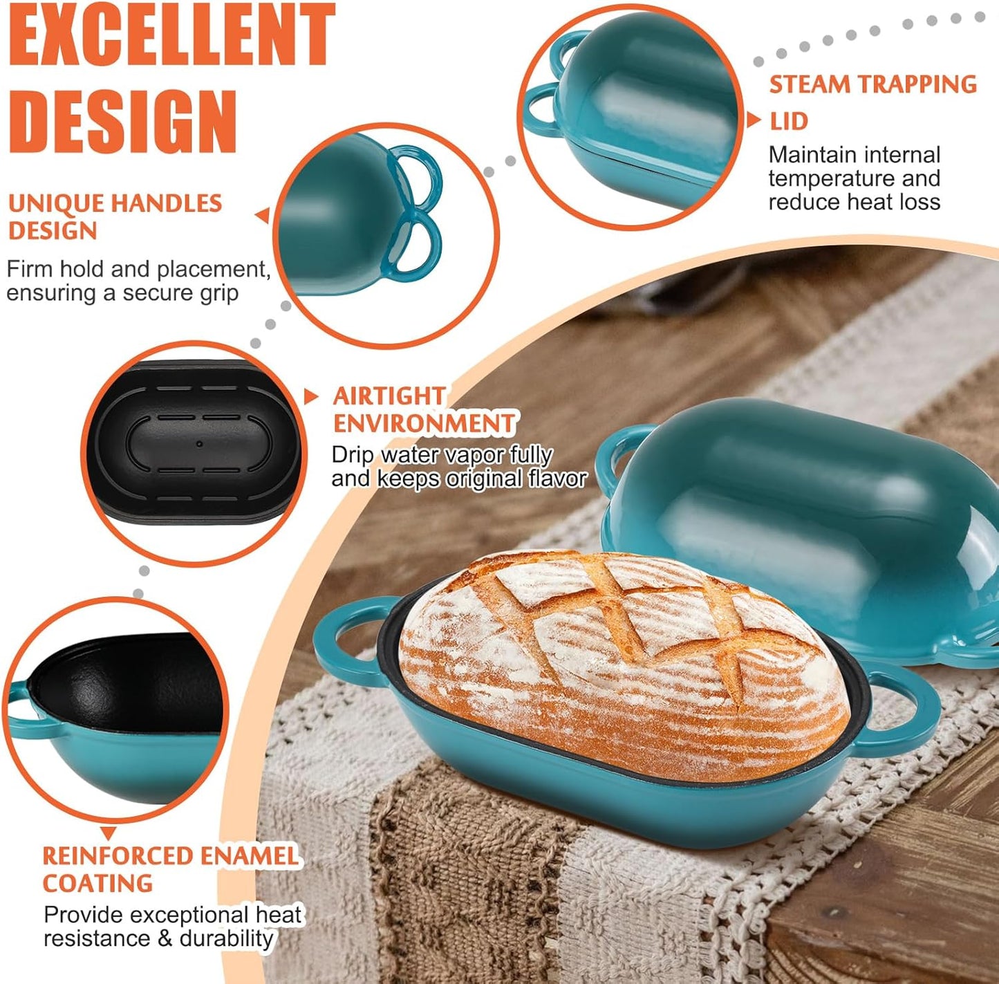 Enameled Cast Iron Bread Oven, 5QT Loaf Cast Iron Bread Pan with Lid, Oval Dutch Oven for Homemade Bread Baking (Gradient Blue-green)