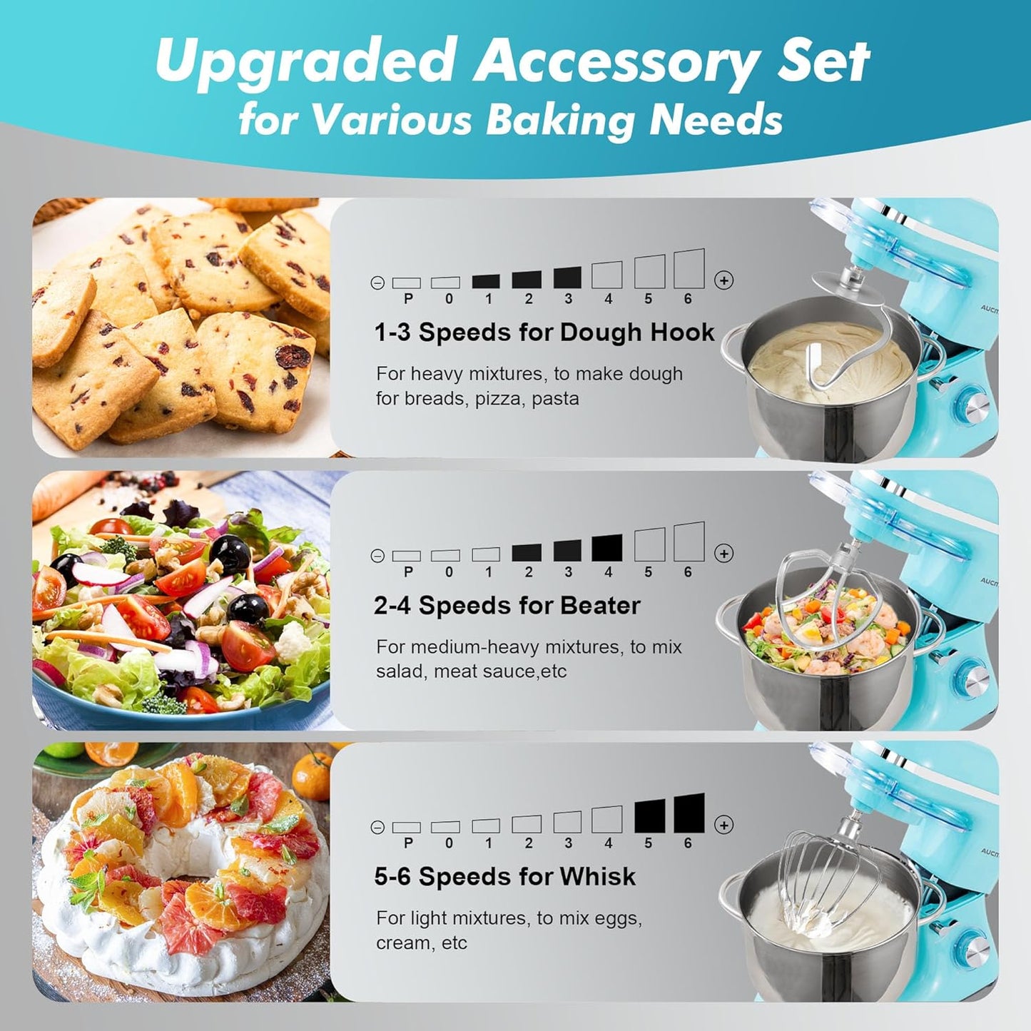 Aucma Stand Mixer, 900W 8QT Large Kitchen Mixer, Kitchen Electric Mixers with Dough Hook, Wire Whip & Beater (Blue, 8QT)