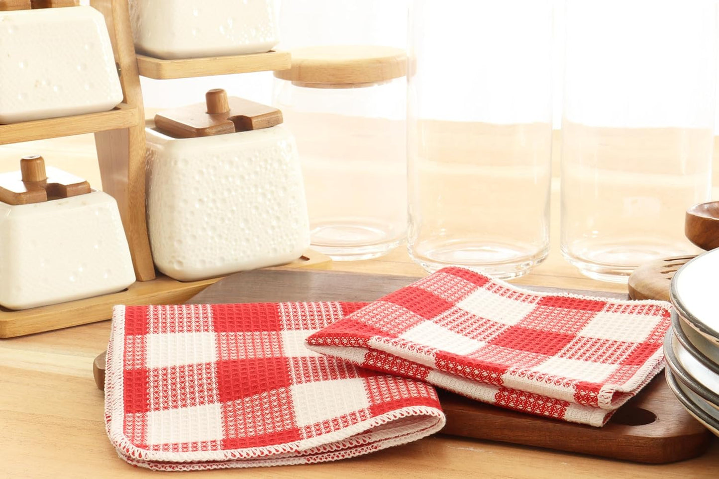 PurpleEssences Waffle Weave Plaid Dish Cloths, 100% Cotton - 12 x 12 Inches, Ultra Soft Absorbent Quick Drying Dish Towels Buffalo Check Dish Rags for Kitchen, 8 Pack - Spring Summer - Red & White