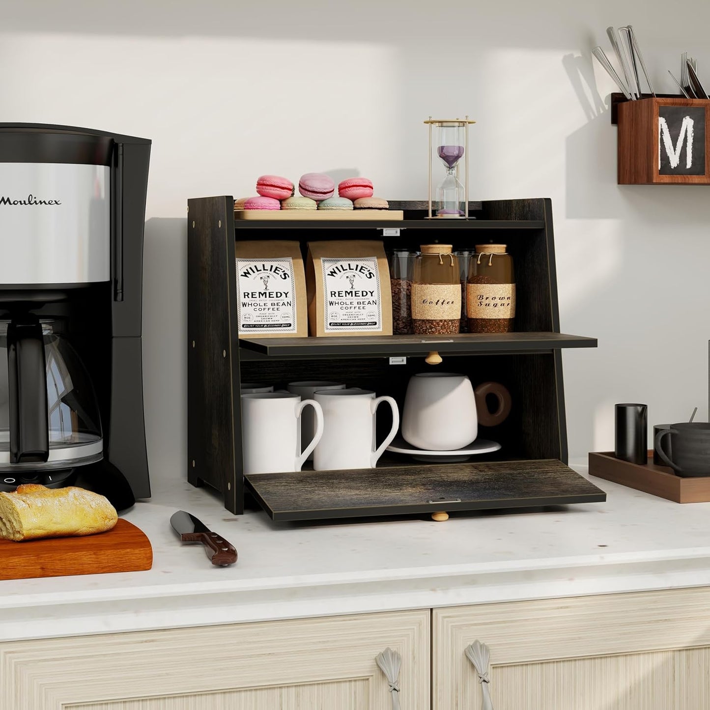 Vintage Double Layer Bread Box for Kitchen Counter Bamboo Bread Storage Container Large Capacity Bread Storage Bin (Antique Black)