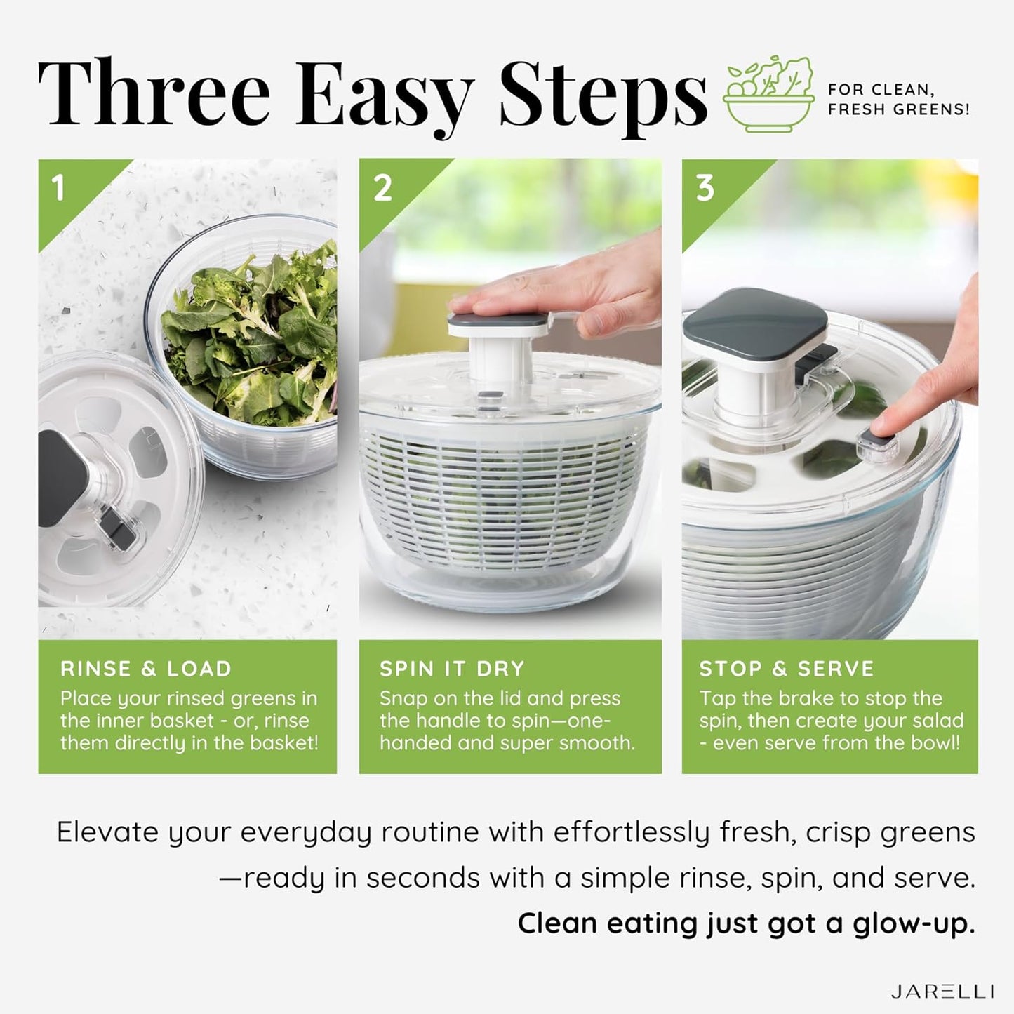 Glass Salad Spinner 6.3QT with Storage Lid | One Handed Press Lettuce Spinner | Salad Spinner for Washing, Spinning, and Draining Greens, Fruits, and Vegetables