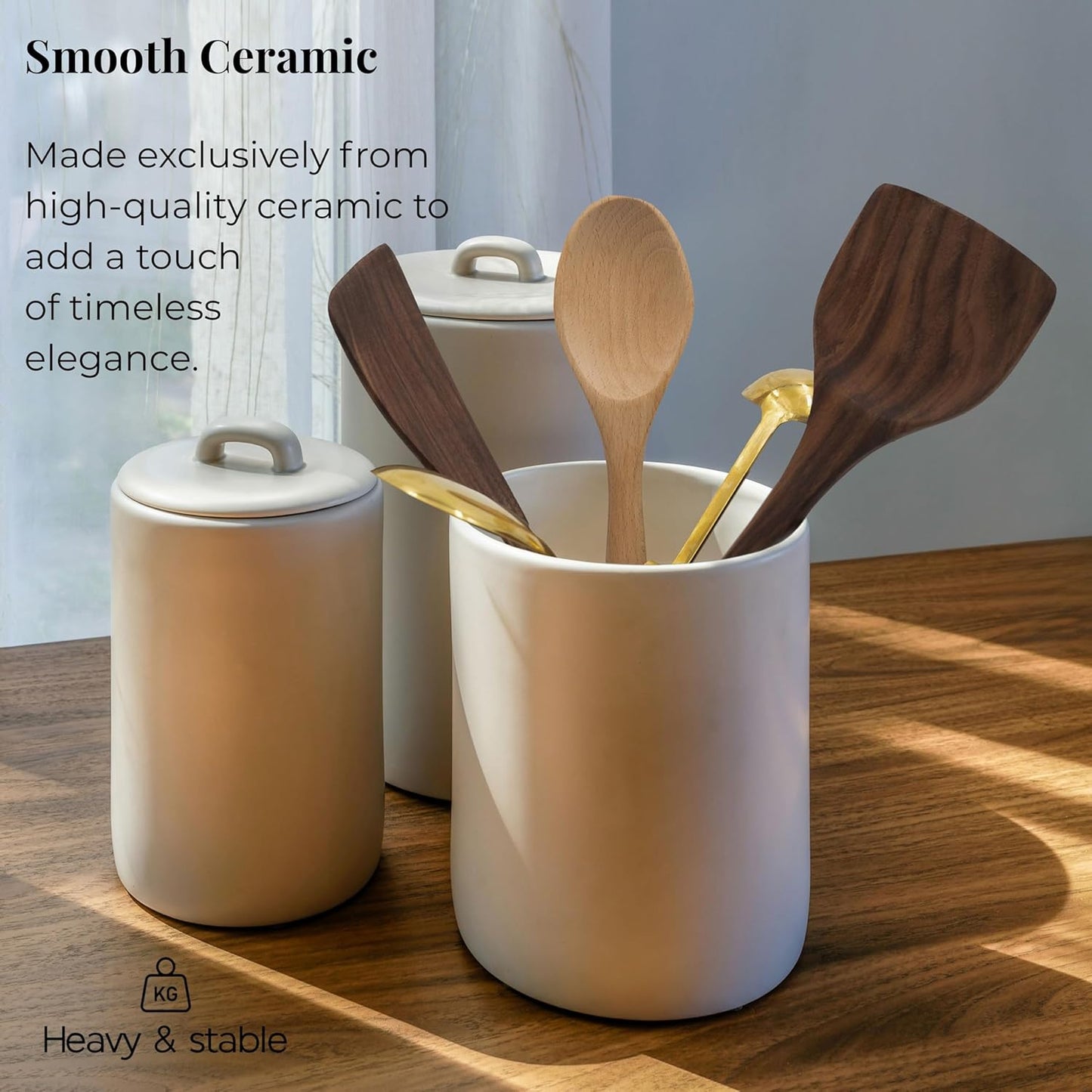 Ceramic Large Kitchen Utensil Holder for Countertop, 7"x5.9", Stable & Sturdy, Cooking Utensils Holder, Smooth & Matte Cream Color,Silicone Pads, Utensil Organizer for Kitchen Counter Decor