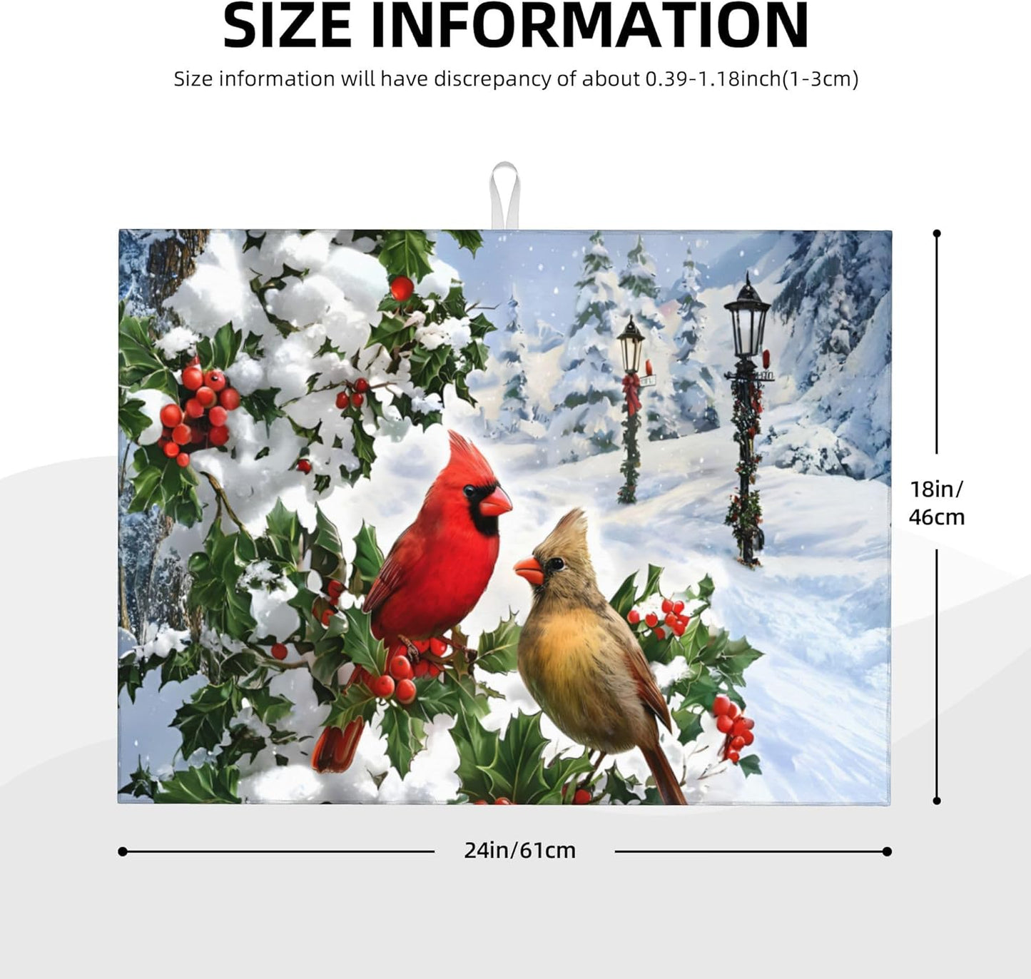 Kitchen Drying Mat Winter Cardinal Birds Microfiber Dish Drainer Mat for Kitchen Counter Absorbent Reusable Washable 18x24 Inch Home Holiday Decor