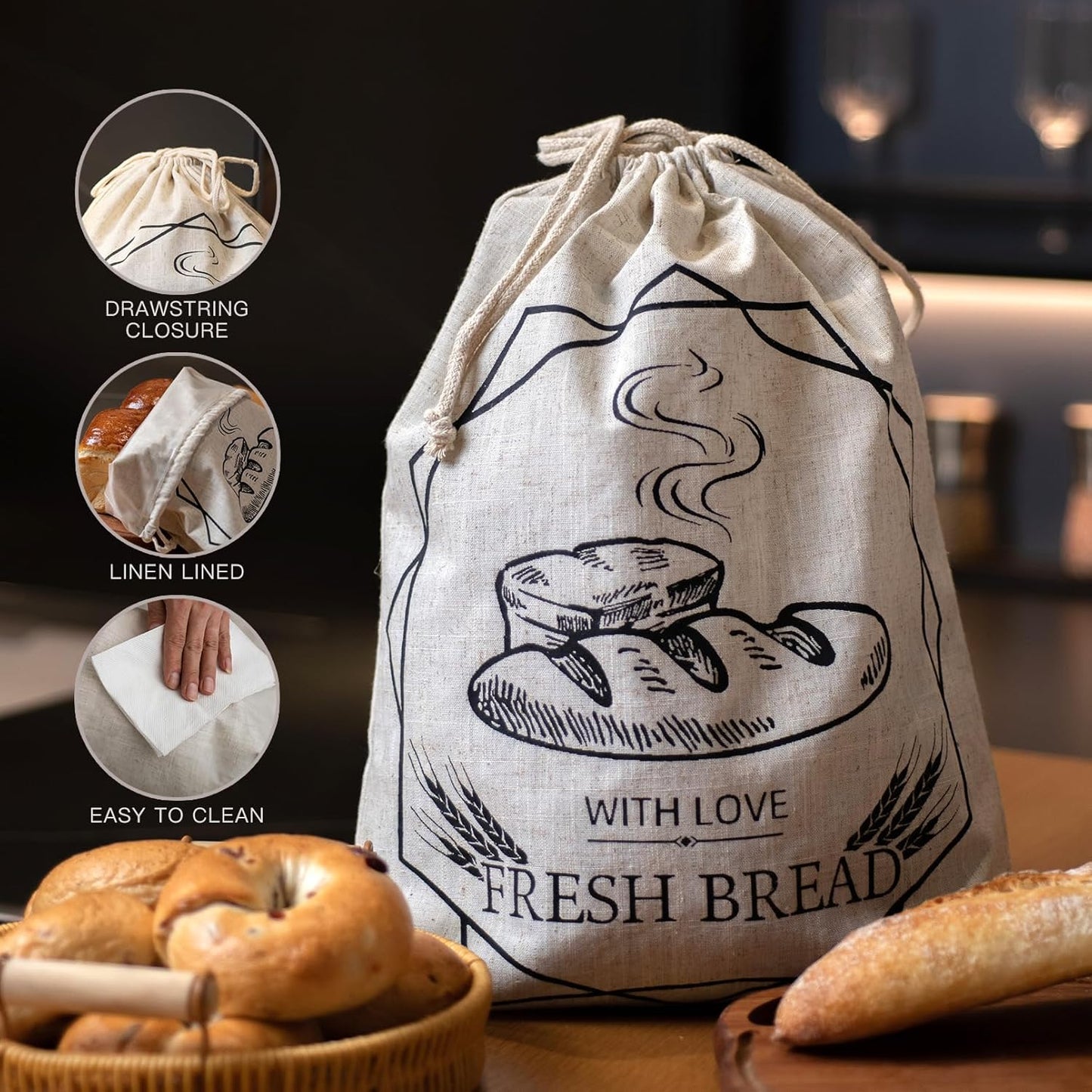 Bread Bags for Homemade Bread,2 Pack Large Sourdough cookies Bags,reusable Linen muffins bag,cloth loaves container for kitchen fresh loaf Storage,with Drawstring Lining Homemade food storage bags