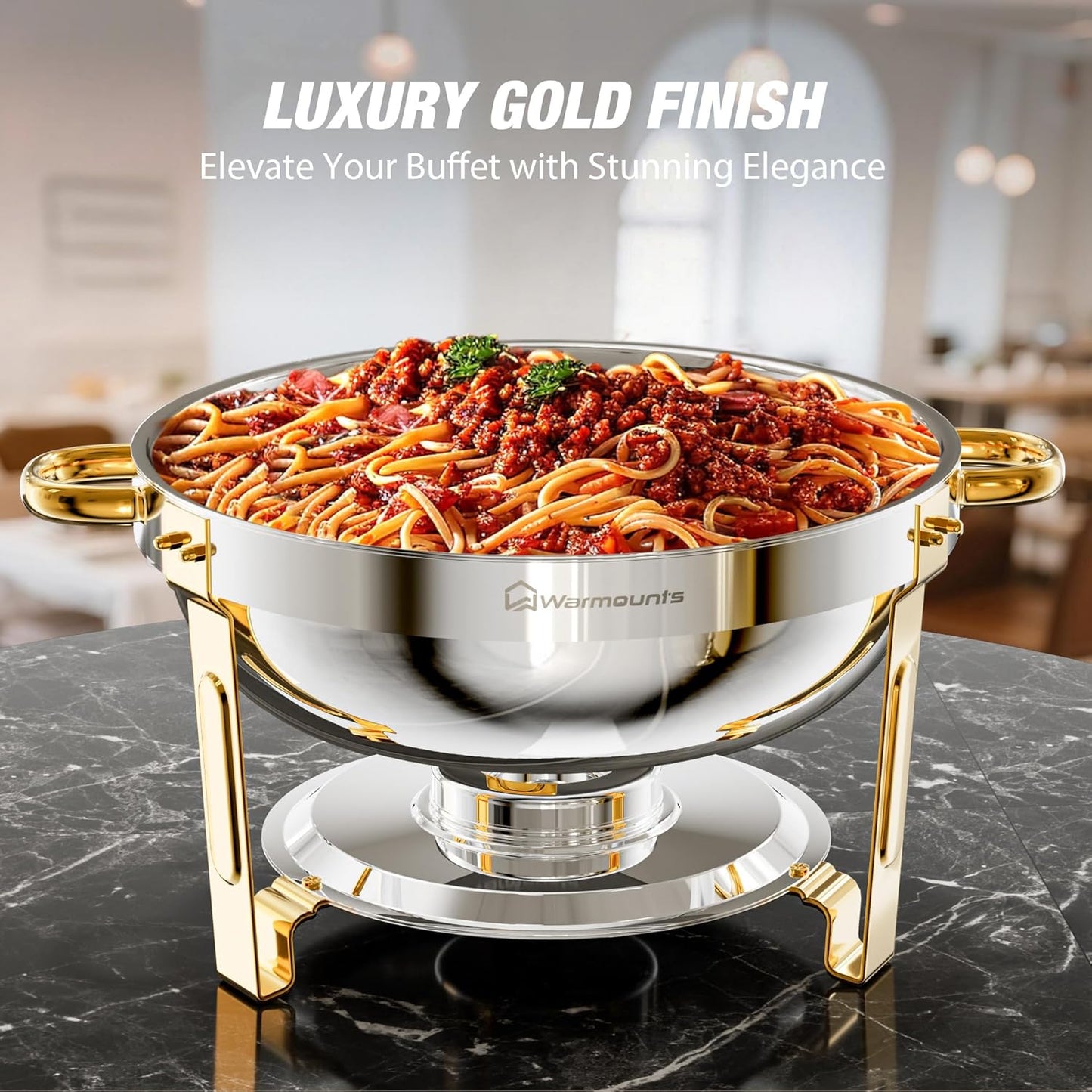 Gold Chafing Dishes for Buffet (5QT, 4 Pack), Round Chafers and Buffet Warmers Sets, Food Grade Stainless Steel Chafing Dish Set, Rolled Edge Design, for Catering Events, Parties, Weddings