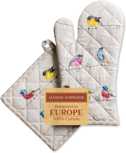 Maison d' Hermine 100% Cotton Oven Mitt & Pot Holder Set (7.5"x13" & 8"x8") Heat Resistant BBQ Cooking Gloves with Loop, Baking, Grilling, Kitchen, Handling Hot Pans Spring/Summer (Birdies On Wire)