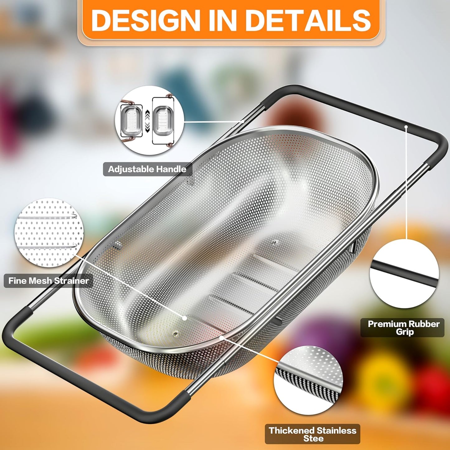 Over the Sink Colander - Strainers and Colanders - Sink Strainer Basket - Expandable Fine Mesh Strainer with Rubber Grip for Veggie, Fruits, Pasta, Home Kitchen Essentials (9.5W x 13.4-21.3L x 3.3H)