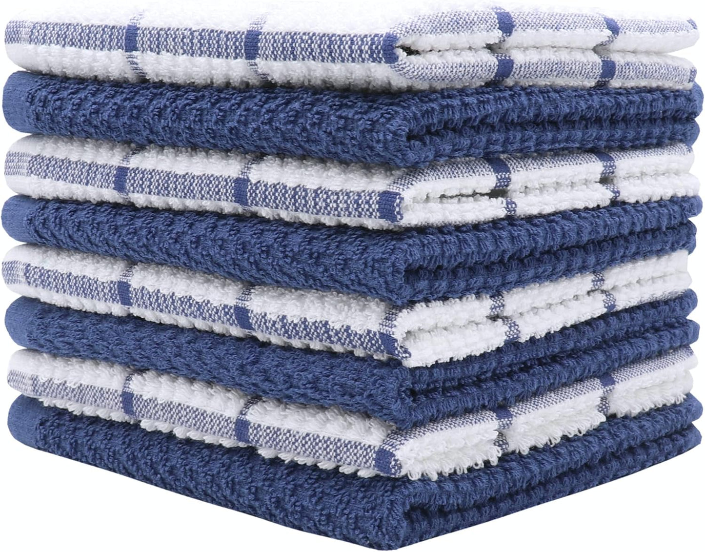 Cotton Grid Dish Cloths, Terry Cleaning Rags, 12 x 12 Inches, Light and Soft, Quick Drying Dish Rags, 8pc/Set (Blue Multi)