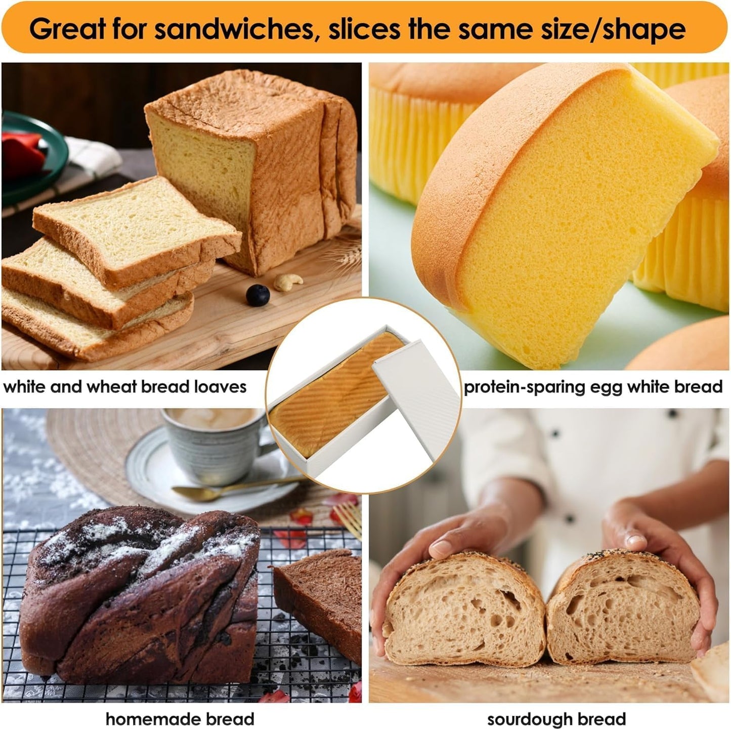 2-Pack Beige Pullman Loaf Pan with Lid, Long Nonstick Bread Pan for Toast & Sandwich Bread, Cream White Nonstick Loaf Pan, 3 Vented Holes & Ridged Design, Great for Baking Lovers and Home Use