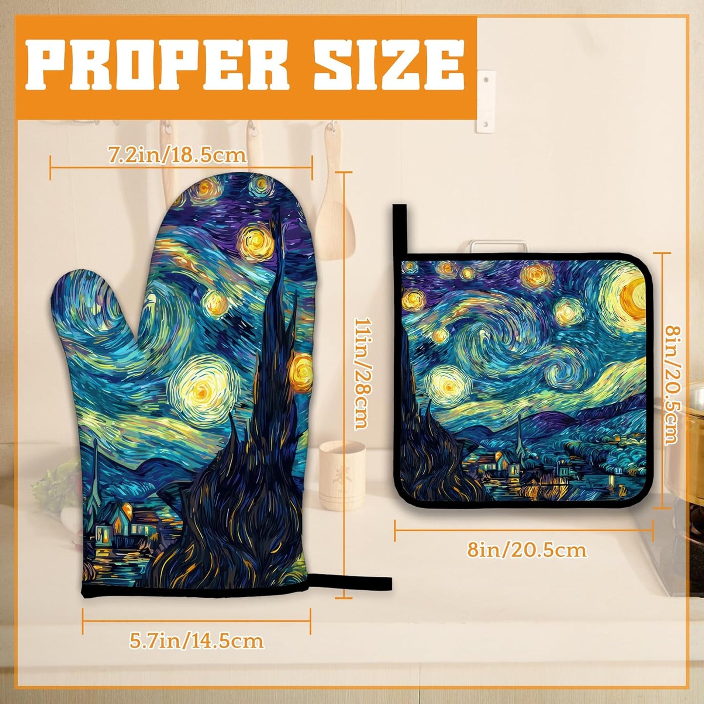 Starry Night Moon Oven Mitts and Pot Holders Set,Village Kitchen Oven Gloves and Pot Holder with Heat Resistant Non Slip for Cooking Baking Grilling(4 Piece Set)