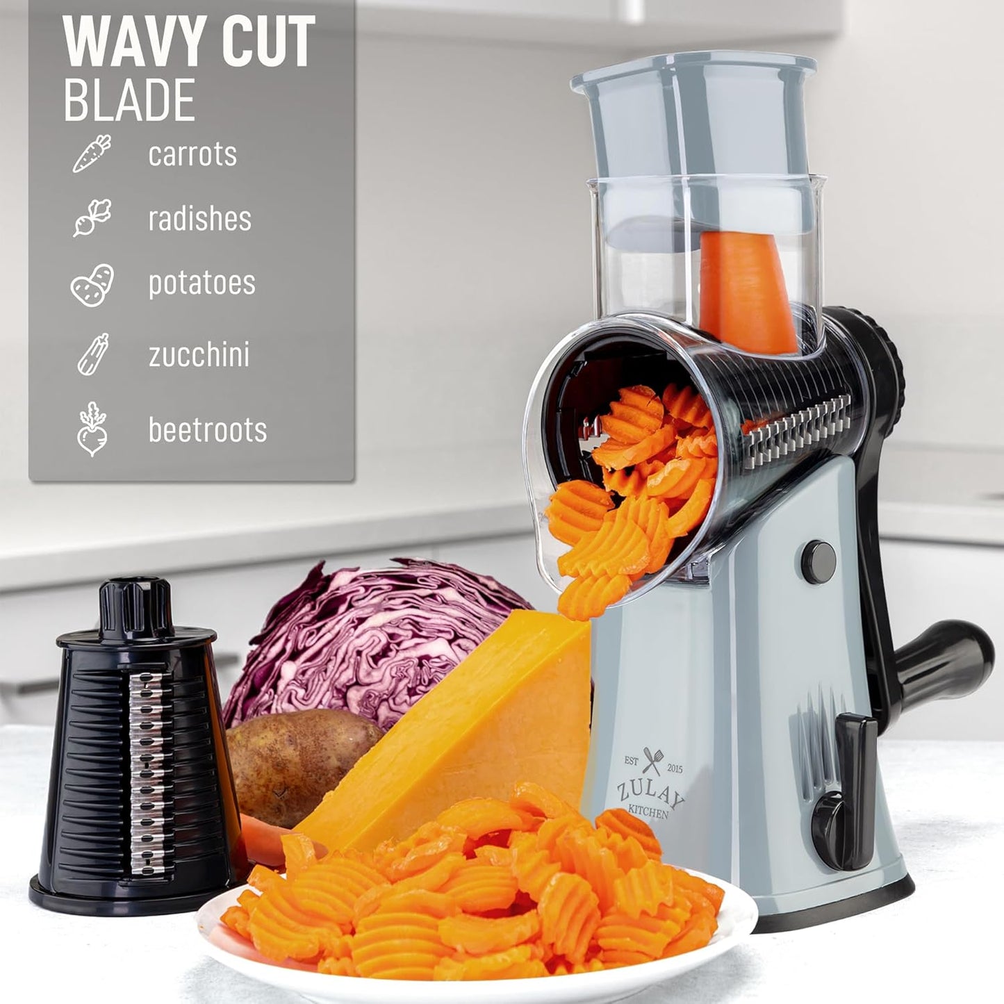 Zulay Kitchen Rotary Cheese Grater 5 Blade Cheese Shredder - Manual Hand Crank Cheese Grater With Reinforced Suction & 5 Interchangeable Drums - Easy to Use, Vegetable Chopper Round Mandoline Slicer