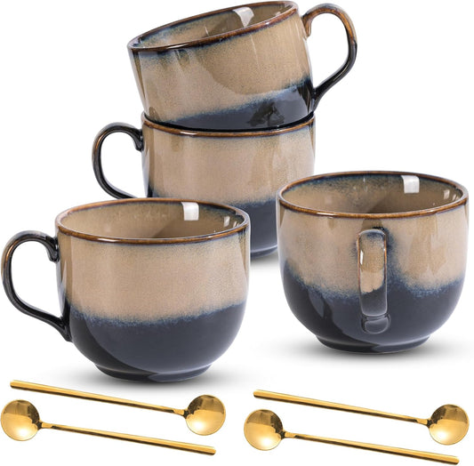 Ceramic Coffee Mug Set of 4 with Spoon, 15 oz Large Cups With Big Handle for Coffee Tea, Microwave Dishwasher Safe, Unique Gift for Men Women, Housewarming Wedding Gift(Brown)