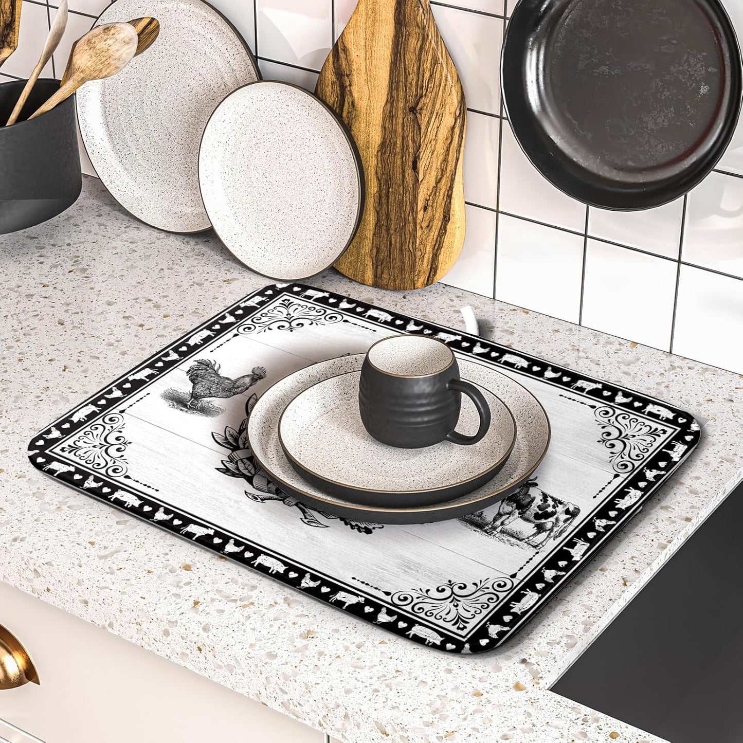 Farm Animal Dish Drying Mat 16x18 Inch Welcome to Our Farmhouse Microfiber Dish Drainer Pads Absorbent Fast Dry Kitchen Accessories