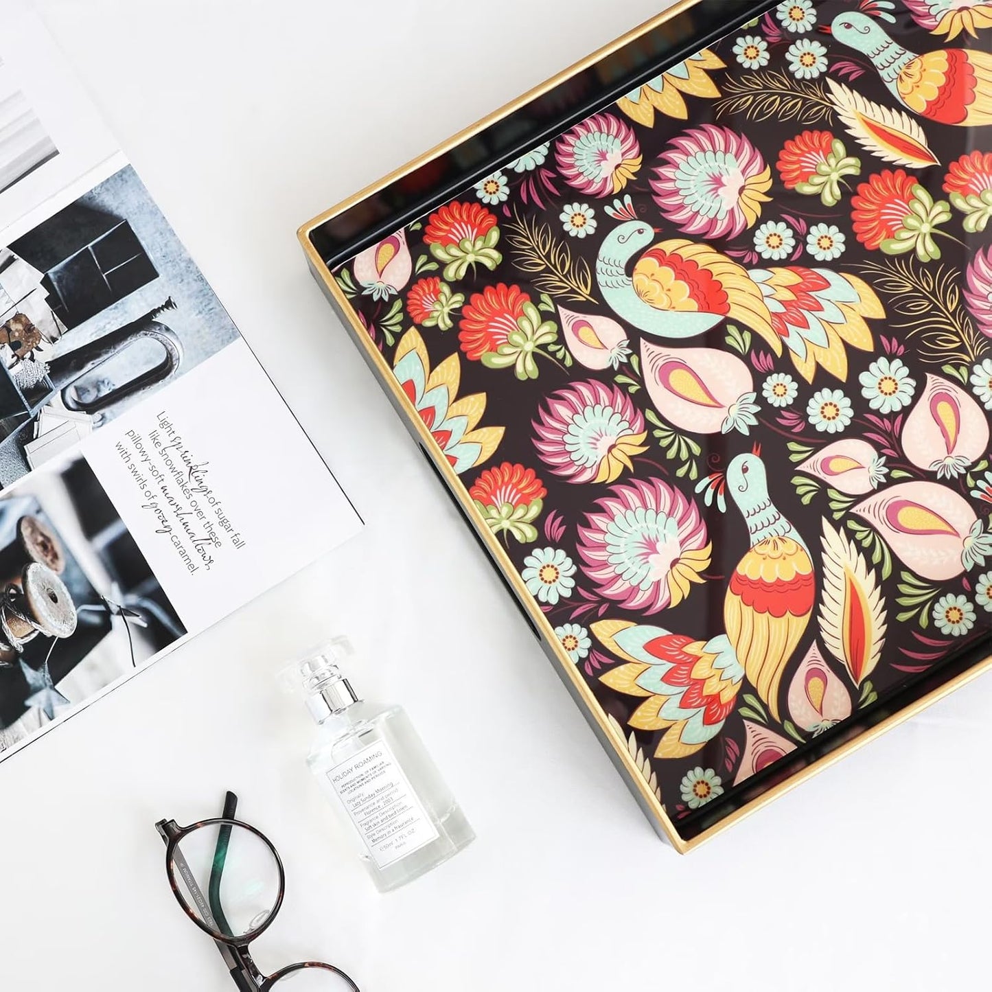 Spsyrine Decorative Serving Tray with Handles, Black Lacquered Coffee Table Tray for Ottoman, Rectangle Waterproof Platters for Centerpieces, Parties, Living Room, Kitchen Counter Organization Peacock