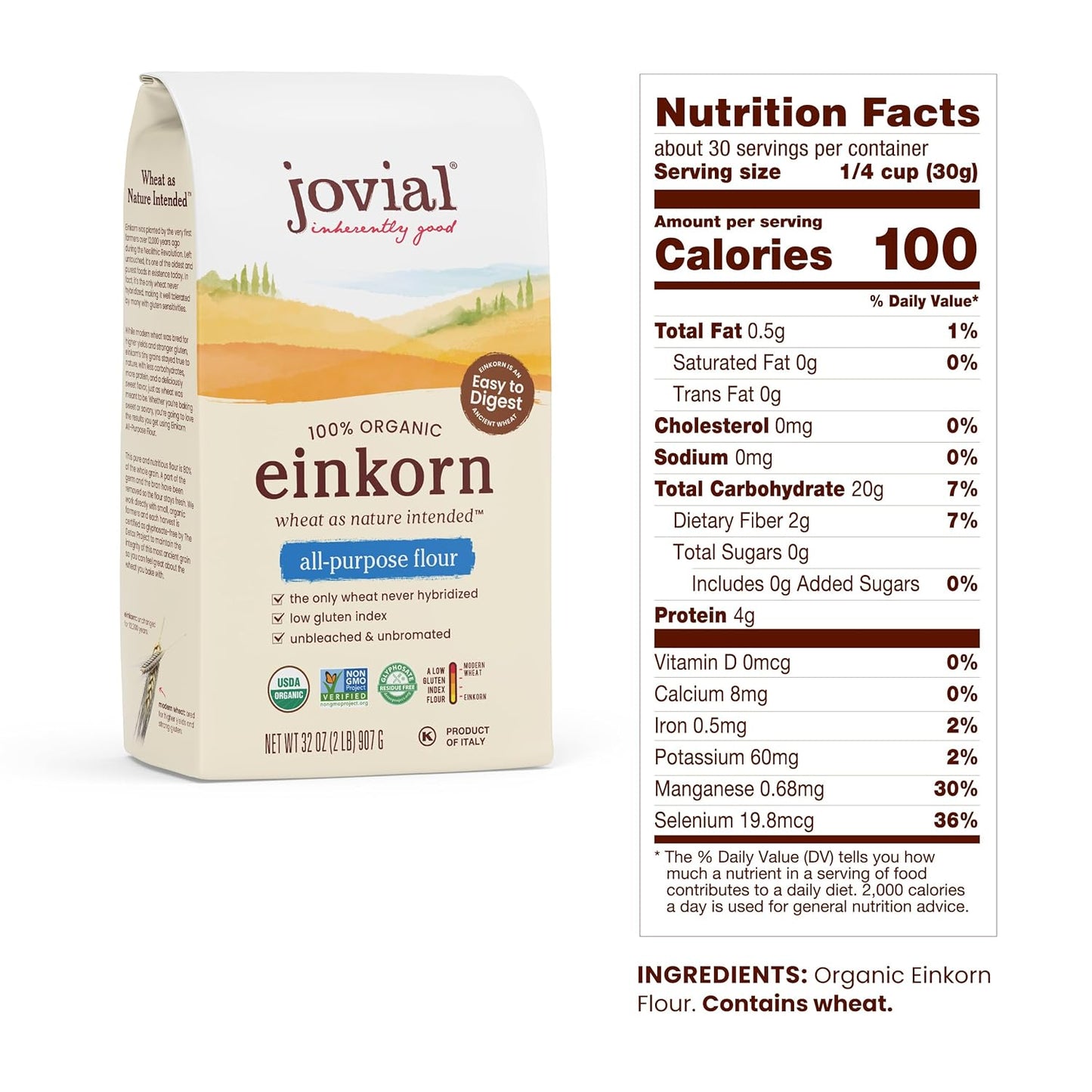 Jovial Organic Einkorn Unbleached All Purpose Flour - Bread Baking Flour for Sourdough, High Protein, Non-GMO, Organic Pizza & Pasta, European Italian, Glyphosate Free - 32 Oz, 4 Pack