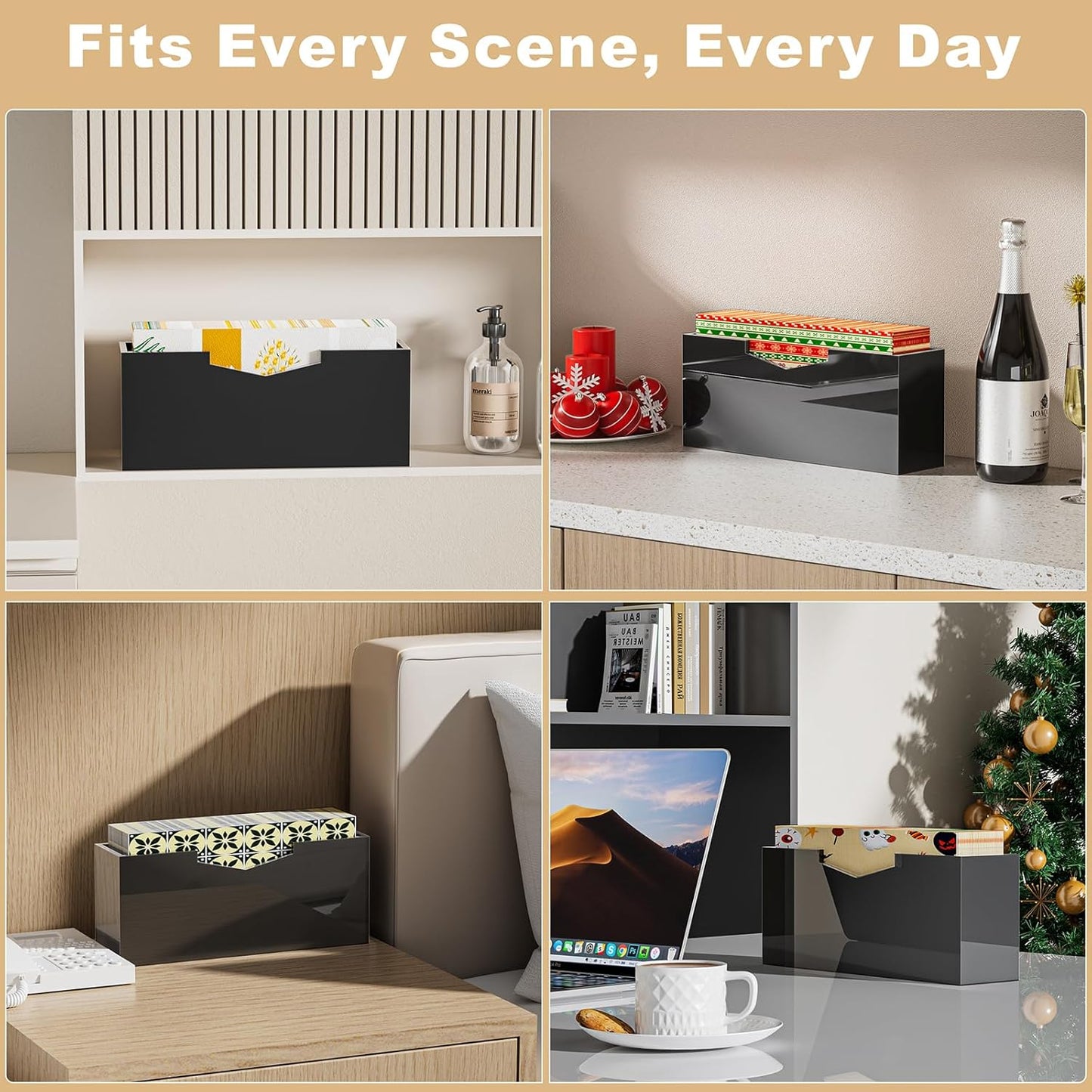 HELPLEX Black Acrylic Guest Towel & Napkin Holder - Waterproof Splash-Proof Vertical Design for Bathroom, Kitchen, Dining Table - Home Hotel Office Organizer (2-Pack)