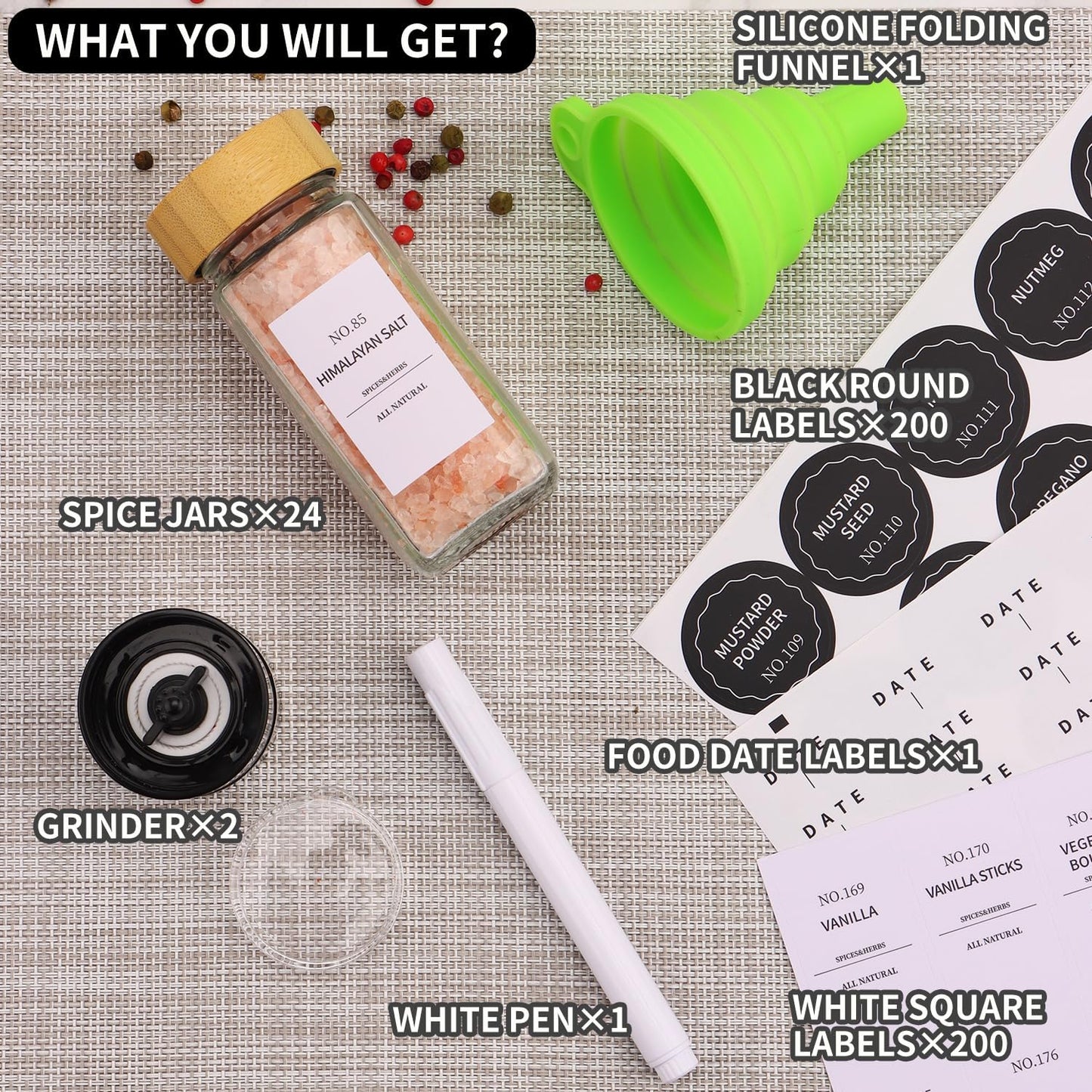 Spice Jars - 24 Pcs, Spice Jars with Labels, Glass Seasoning Jars with Bamboo Lids, Seasoning Containers,Empty Glass Spice Container Set , Seasoning Organizer, Kitchen Set, with Pepper Grinder