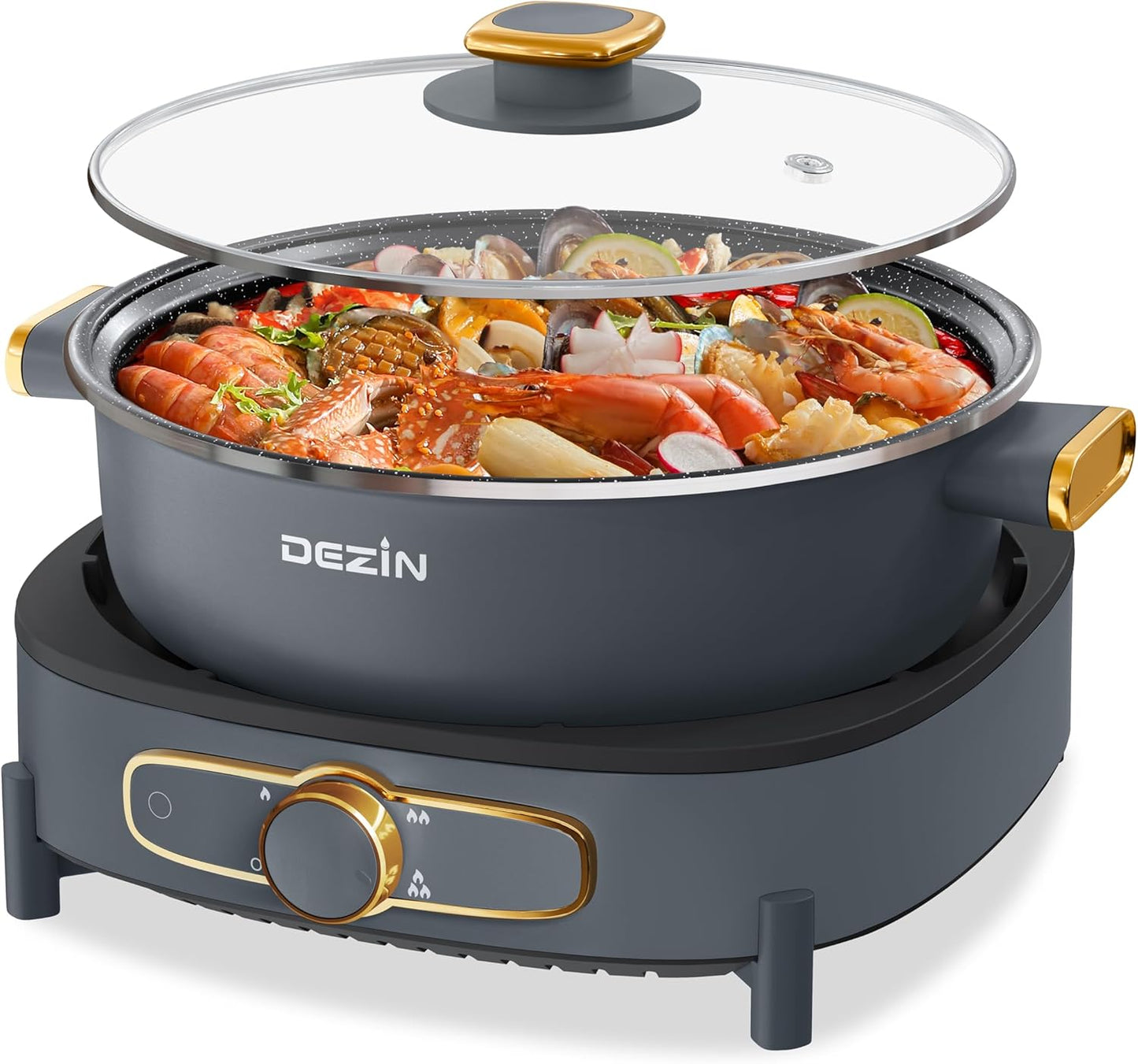 Dezin Electric Shabu Shabu Pot with Removable Pot, 5L Non-Stick Hot Pot Electric with Multi-Power Control, 3.7" Depth Electric Pot with Tempered Glass Lid for Party, Family and Friend Gathering