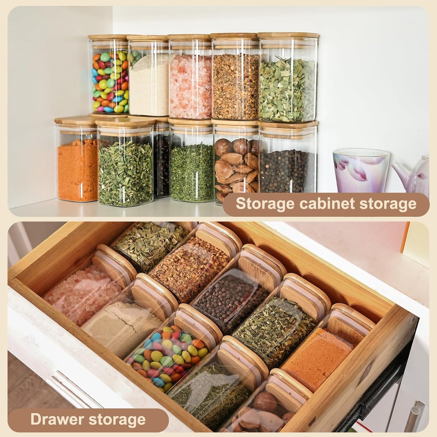 6oz Glass Spice Jars with Bamboo Lid and Label, 12 Pack Square Glass Container, Small Food Storage Containers for Kitchen, Clear Empty Seasoning Jar for Sugar, Salt, Coffee Bean, Herb, Borosilicate