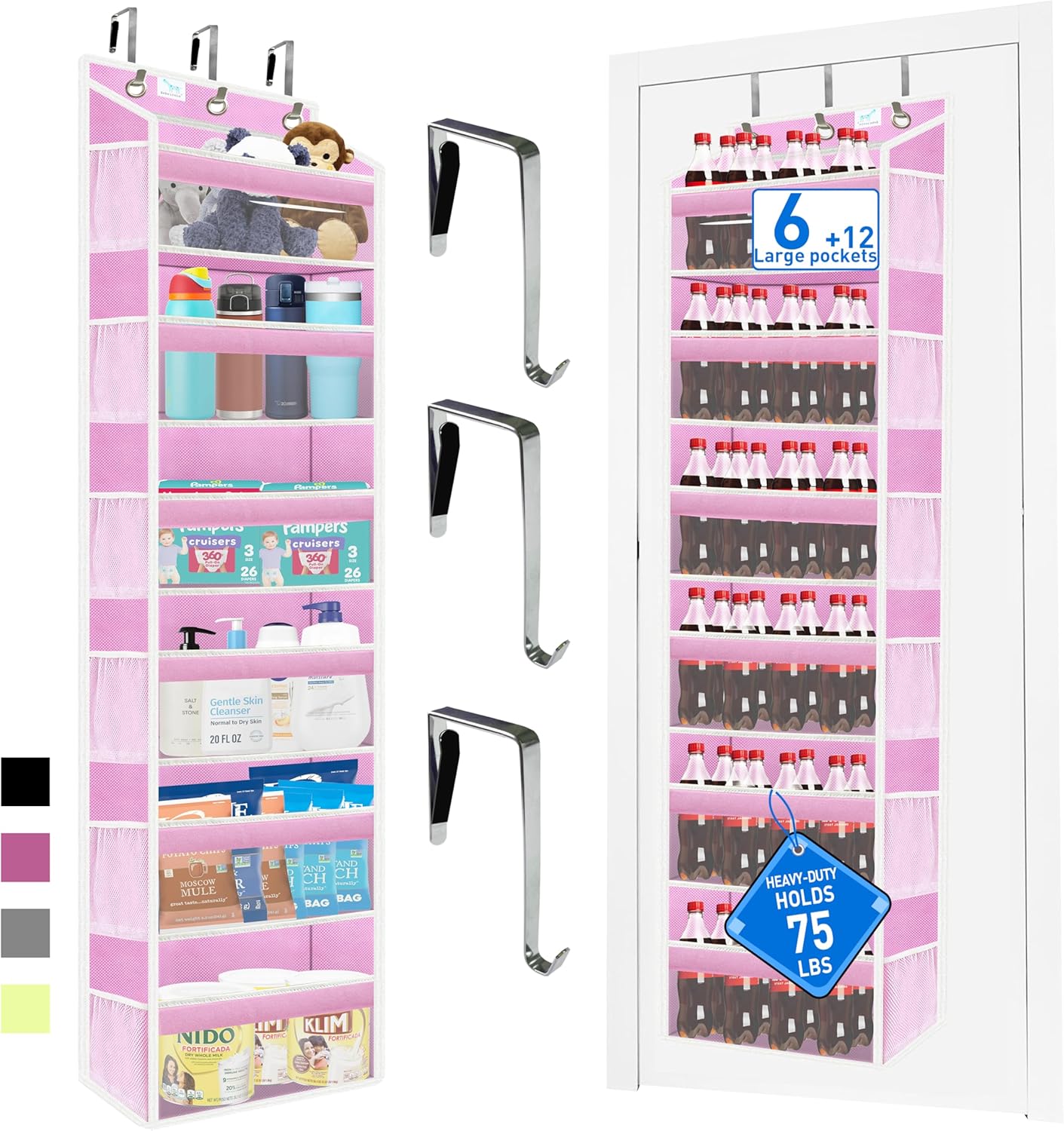 over the door organizer, Solid Bamboo Board (Not Plastic!) 6-Tier Heavy Duty 75LB, 12 Side Pockets, 3 Reinforced Hooks & Anti-Slip Pads, Waterproof & Washable, No Sagging, No Door Damage,Pink