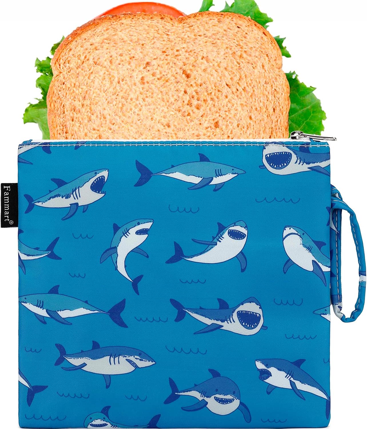 Reusable Sandwich Bag/Snack Bag for Kids & Adults, Dual Layer Lunch Bag with Handle, Cosmetic Bag Makeup Travel Bag for Women Girls, Washable, Food Safe, BPA Free (1-Pack, Shark)