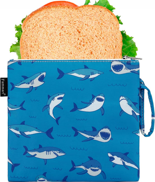 Reusable Sandwich Bag/Snack Bag for Kids & Adults, Dual Layer Lunch Bag with Handle, Cosmetic Bag Makeup Travel Bag for Women Girls, Washable, Food Safe, BPA Free (1-Pack, Shark)