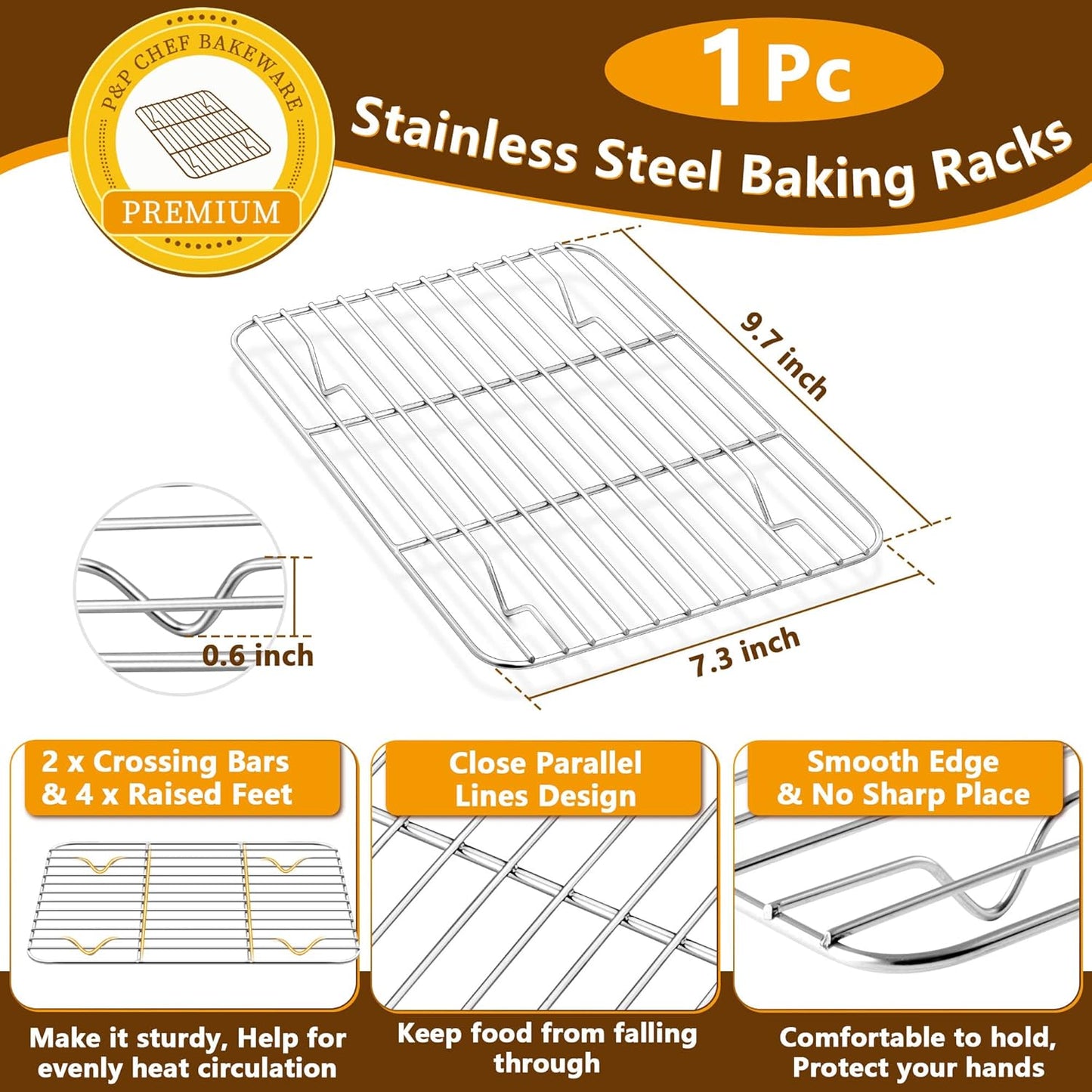 P&P CHEF 10.4 Inch Baking Sheet Pan with Rack Set, Stainless Steel Cookie Sheet Pan Tray with Cooling Rack for Oven Use, Cooking Roasting, Non Toxic & Dishwasher Safe, Heavy Duty