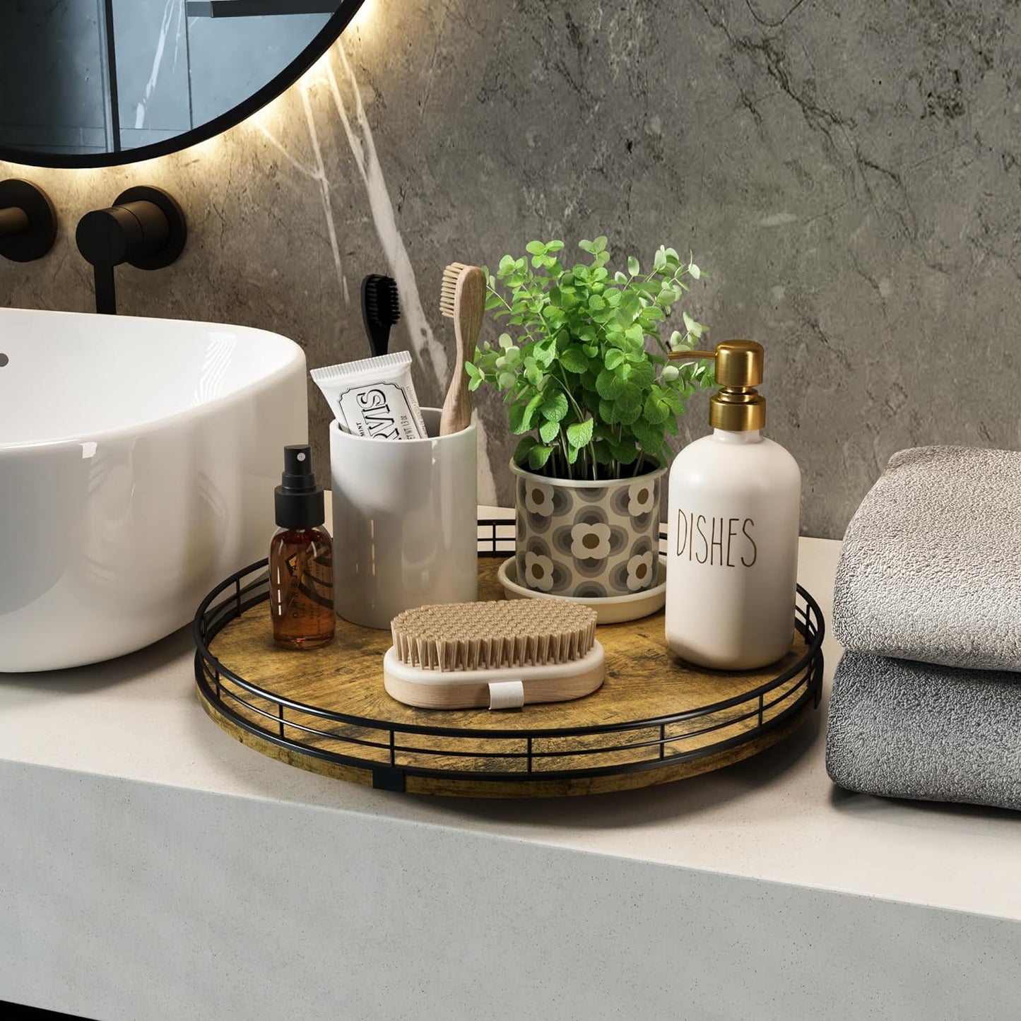 Lazy Susan Turntable Organizer for Table Top, 13’’ Round Wooden Lazy Susan for Cabinet Kitchen Countertop Pantry Dining Coffee Table for Condiments Spices, Rustic Bathroom Vanity Tray for Soap Candle